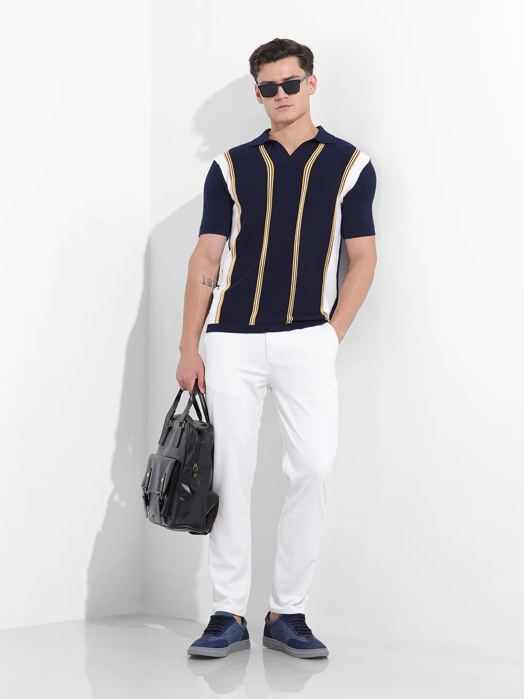 Men's Blue Slim Fit Striped Flat Knit Polo Neck T-Shirt - Image 9