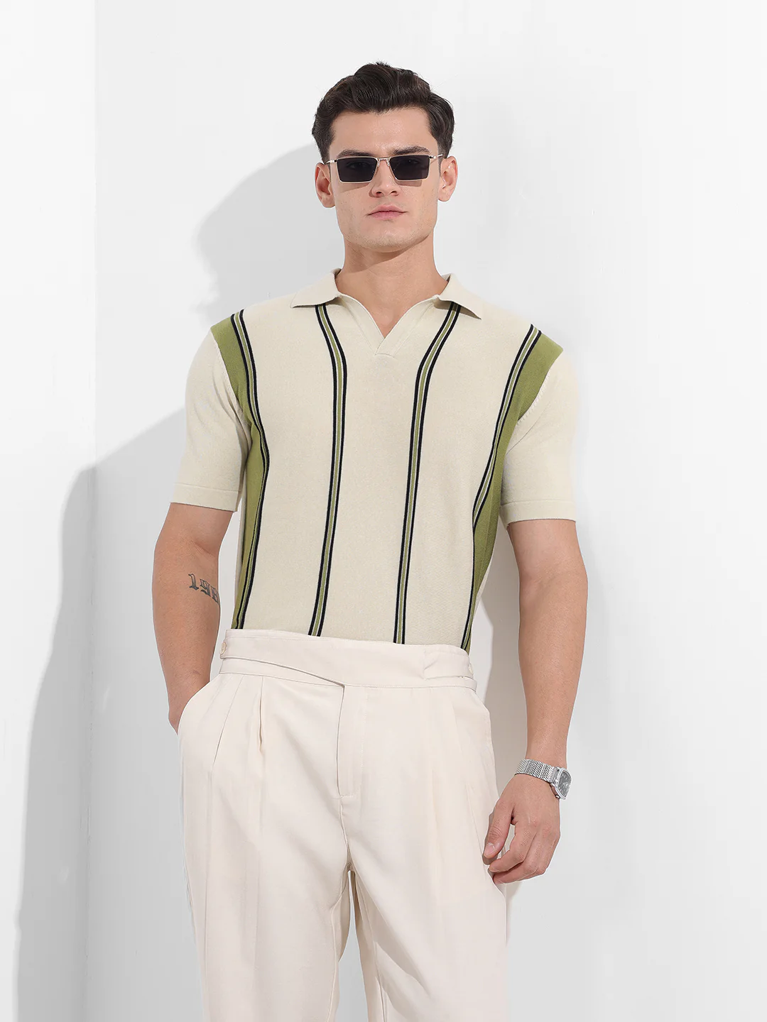 Men's Cream Slim Fit Striped Flat Knit Polo Neck T-Shirt - Image 2