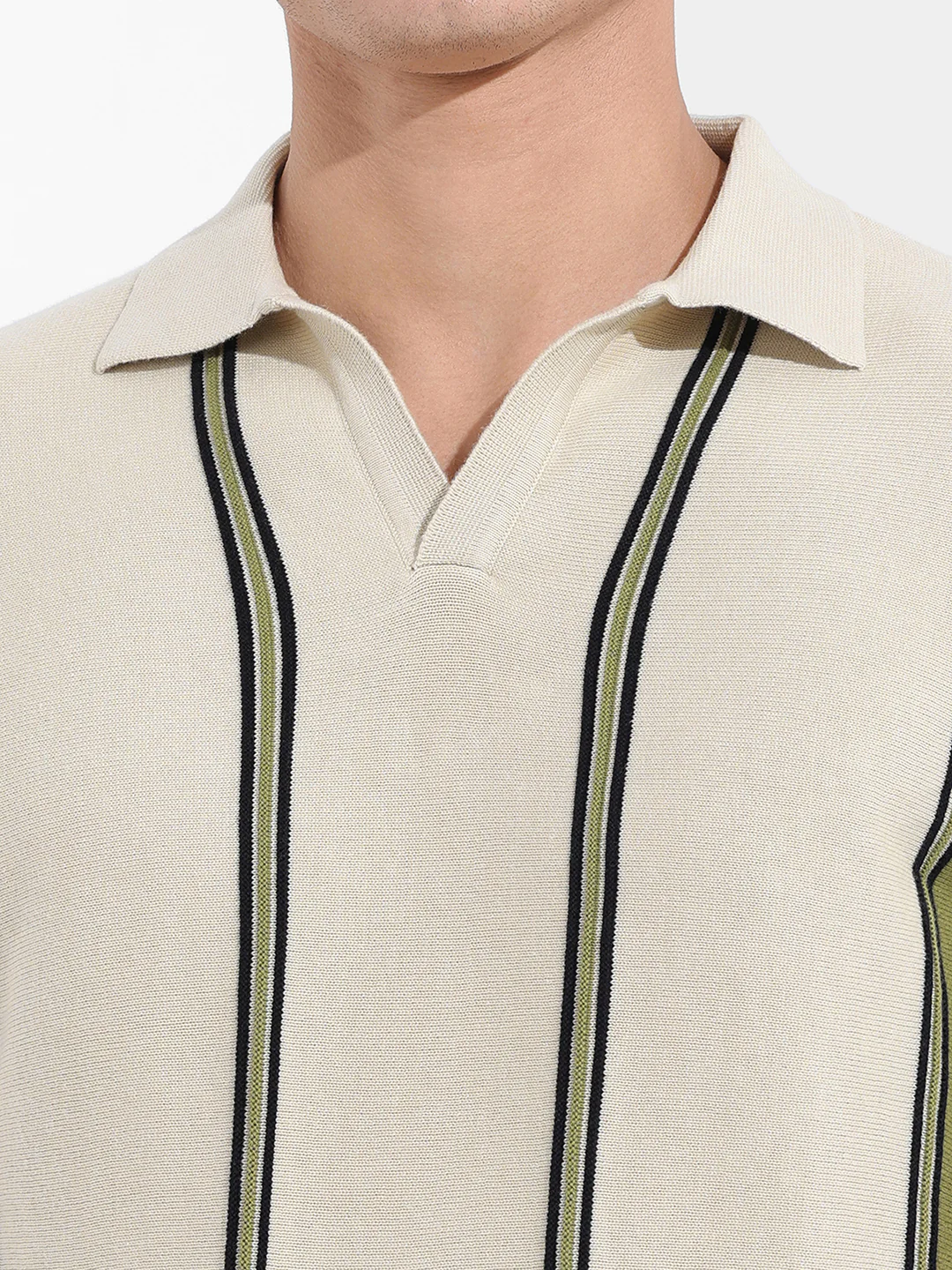 Men's Cream Slim Fit Striped Flat Knit Polo Neck T-Shirt - Image 3