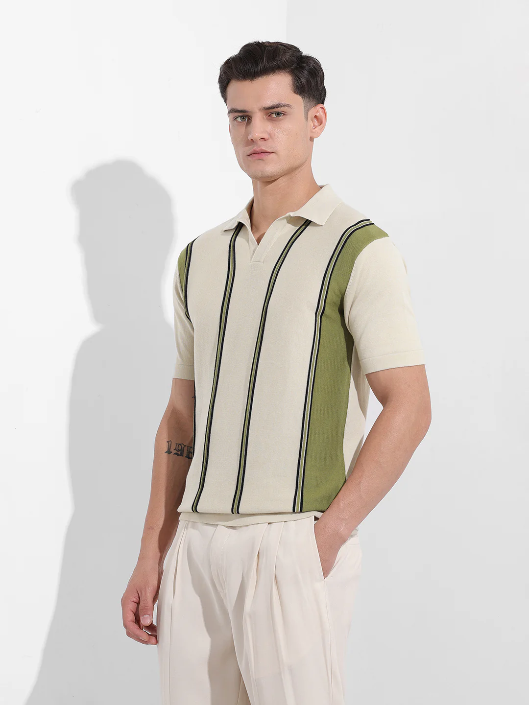 Men's Cream Slim Fit Striped Flat Knit Polo Neck T-Shirt - Image 4
