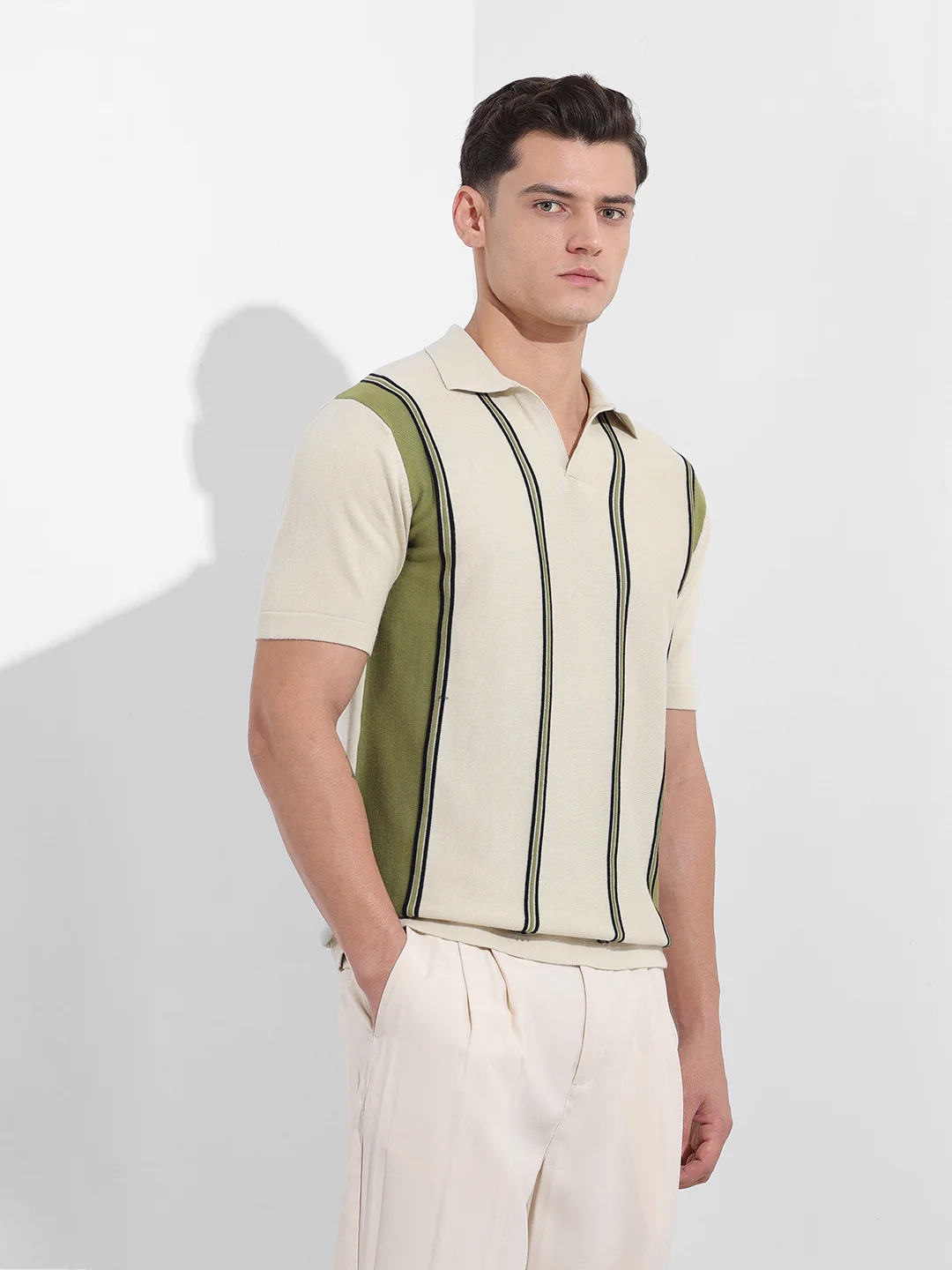 Men's Cream Slim Fit Striped Flat Knit Polo Neck T-Shirt - Image 5