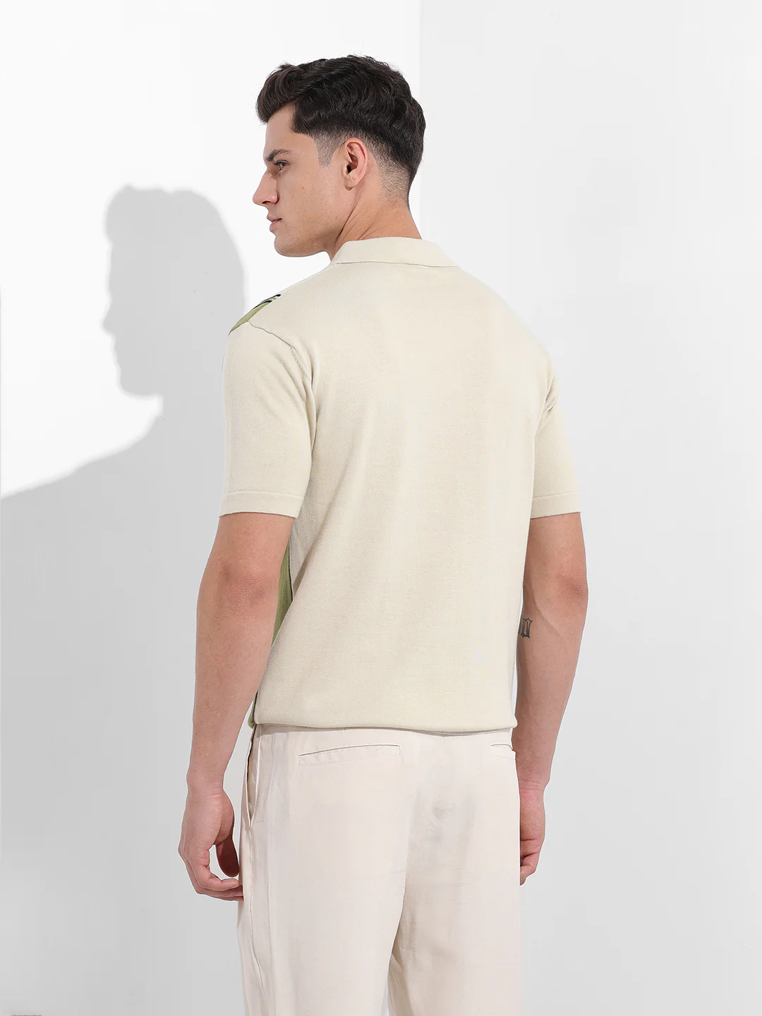 Men's Cream Slim Fit Striped Flat Knit Polo Neck T-Shirt - Image 6
