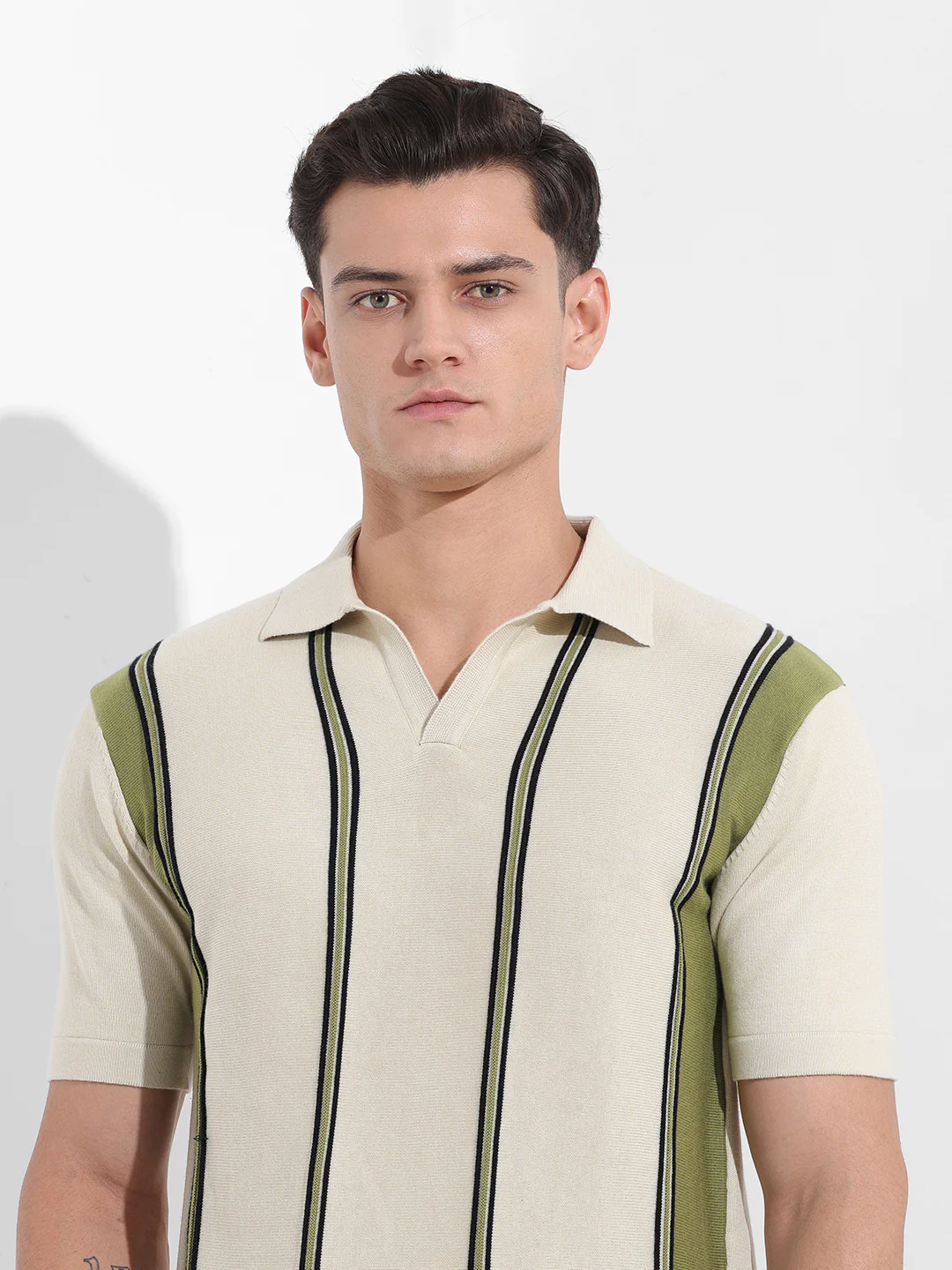Men's Cream Slim Fit Striped Flat Knit Polo Neck T-Shirt - Image 7