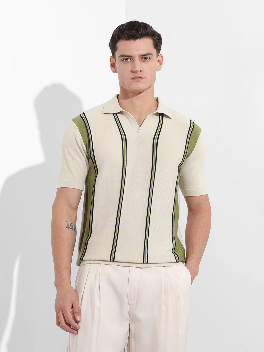 Men's Cream Slim Fit Striped Flat Knit Polo Neck T-Shirt - Image 8
