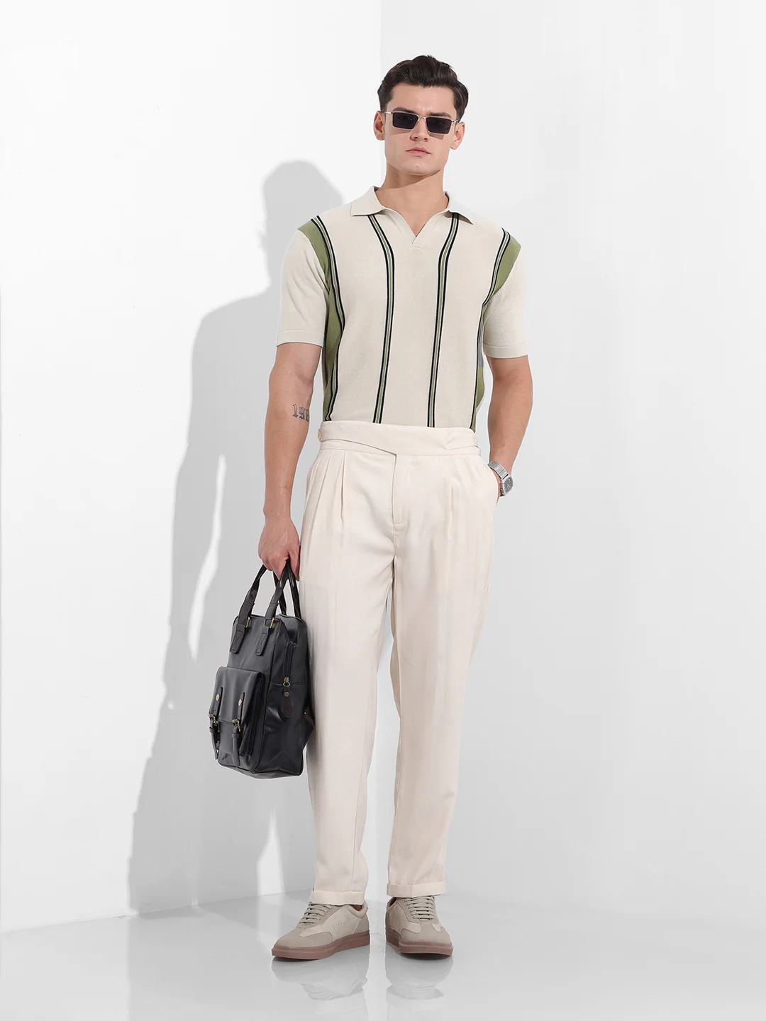 Men's Cream Slim Fit Striped Flat Knit Polo Neck T-Shirt - Image 9