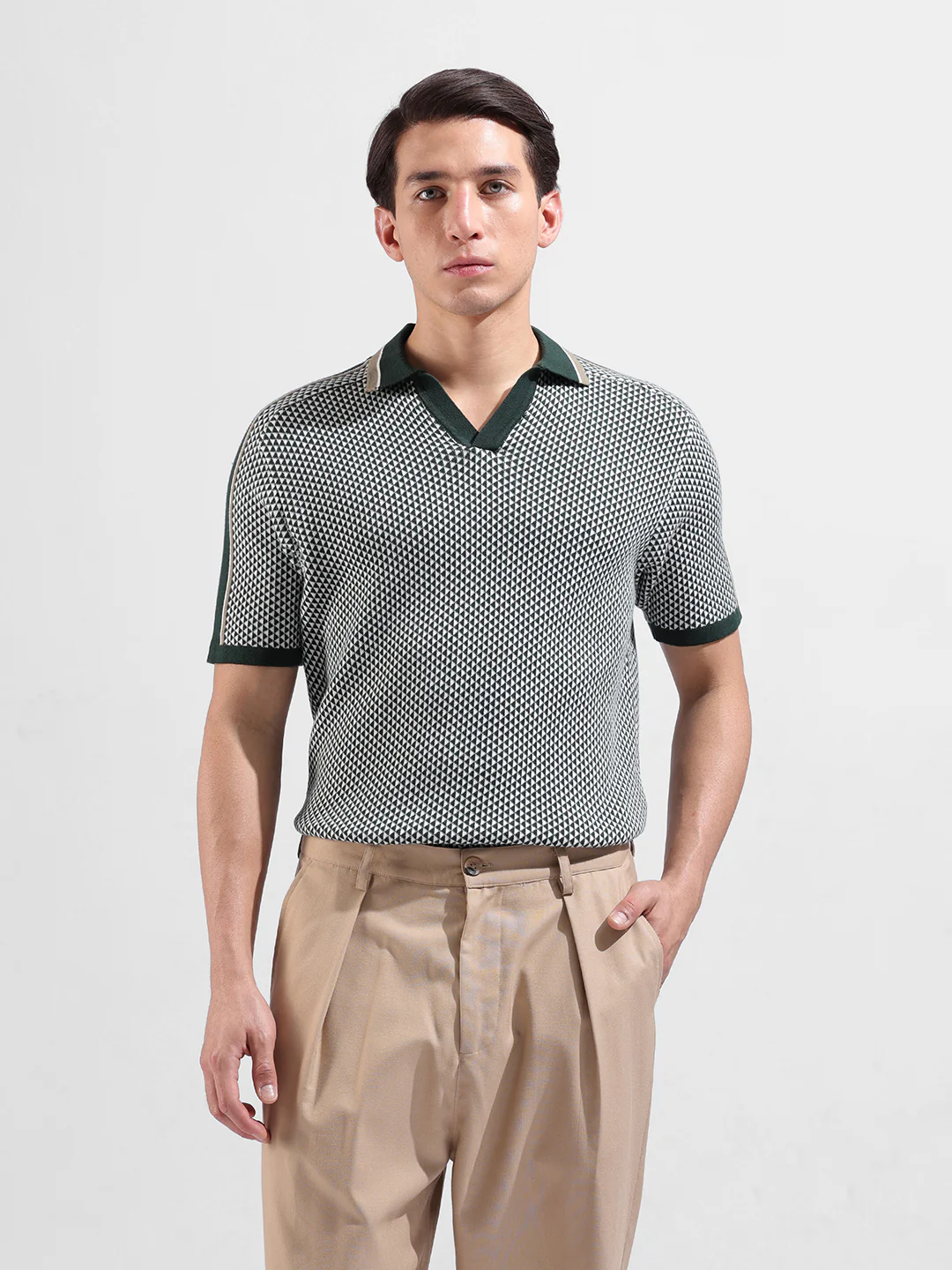 Men's Teal Slim Fit Striped Flat Knit Polo Neck T-Shirt - Image 2