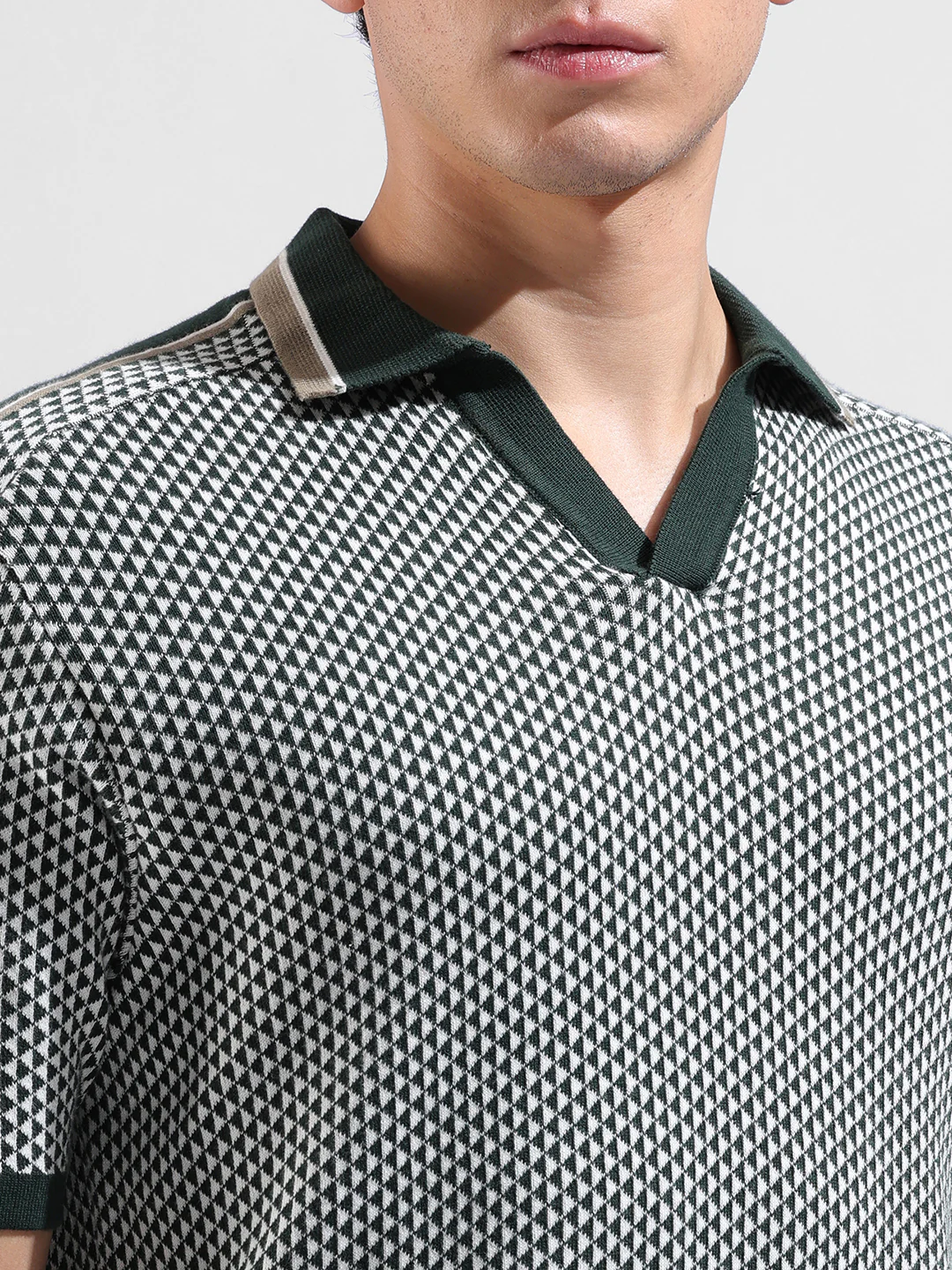 Men's Teal Slim Fit Striped Flat Knit Polo Neck T-Shirt - Image 3