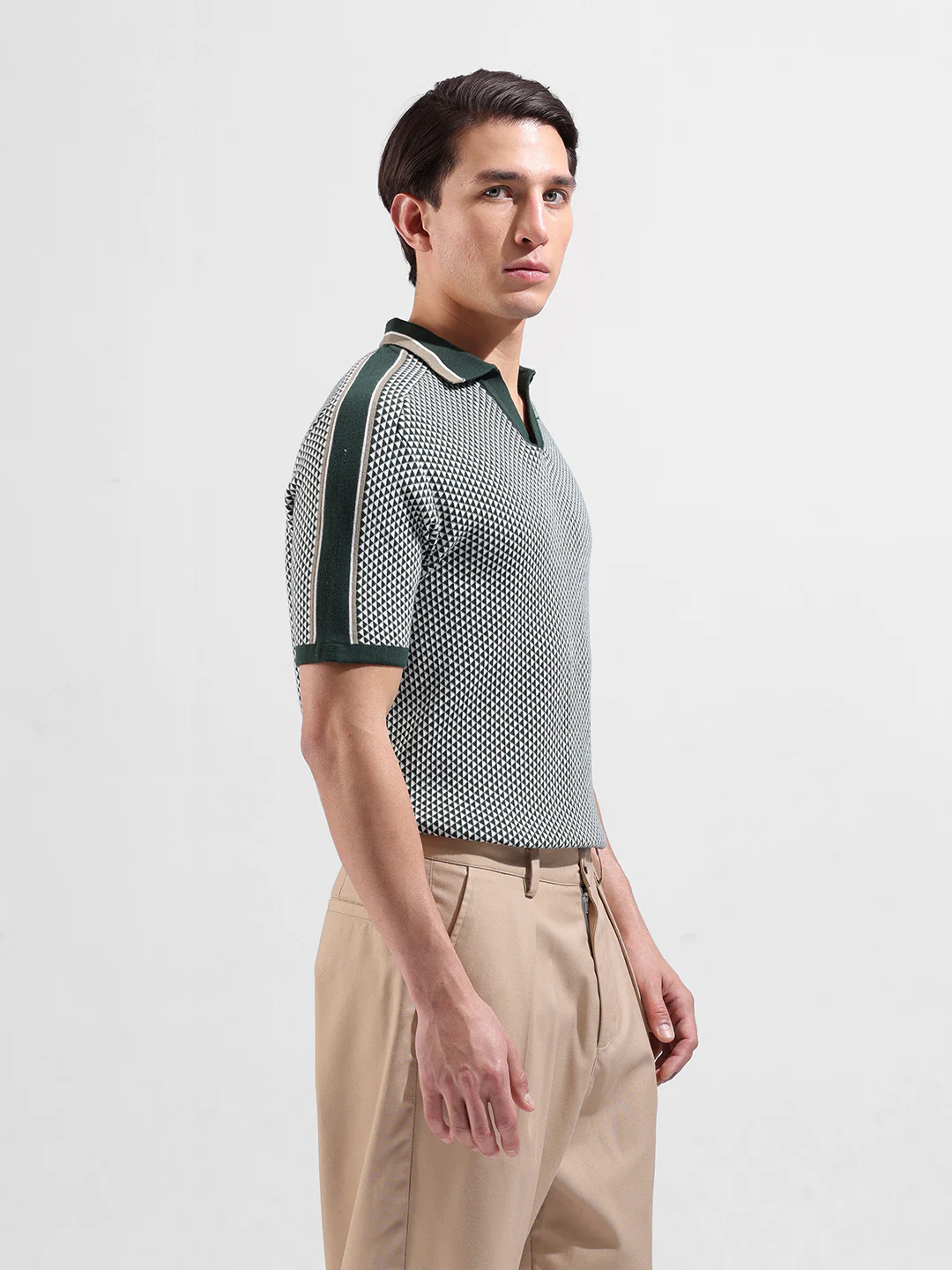 Men's Teal Slim Fit Striped Flat Knit Polo Neck T-Shirt - Image 4
