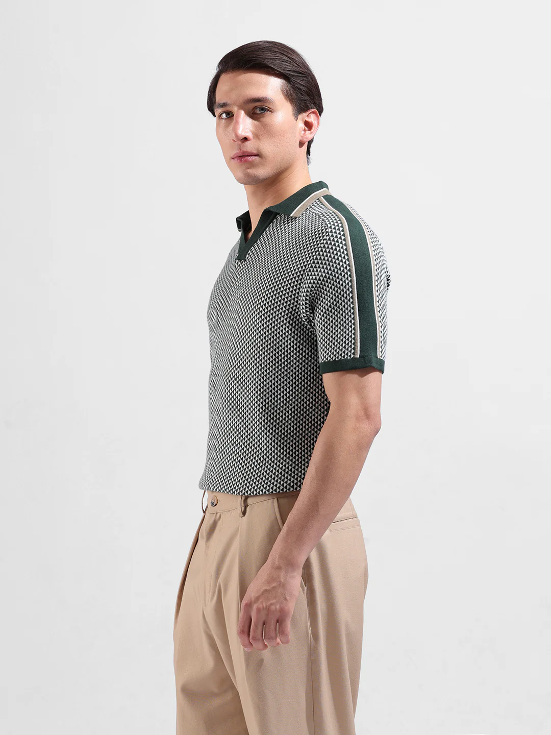 Men's Teal Slim Fit Striped Flat Knit Polo Neck T-Shirt - Image 5