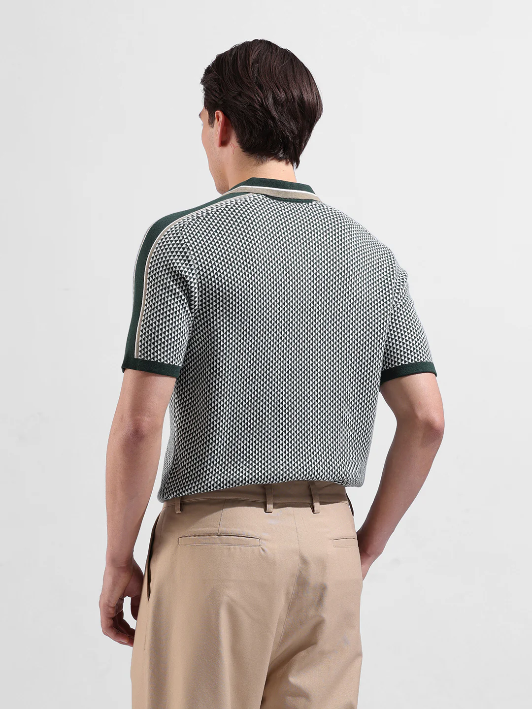 Men's Teal Slim Fit Striped Flat Knit Polo Neck T-Shirt - Image 6