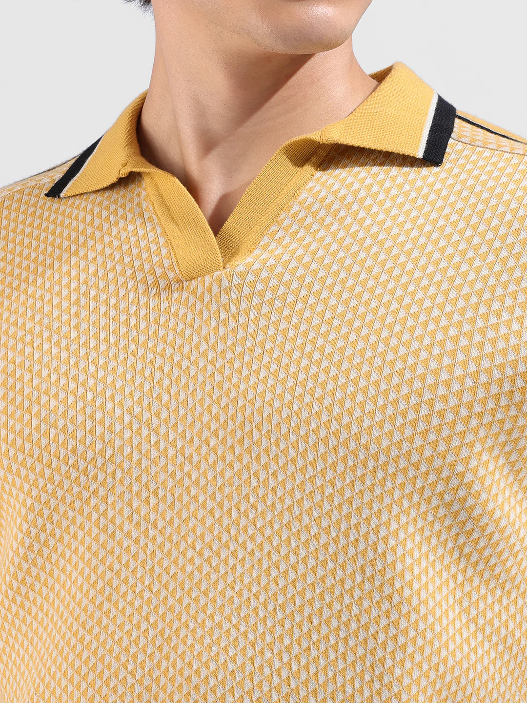 Men's Yellow Slim Fit Striped Flat Knit Polo Neck T-Shirt - Image 3