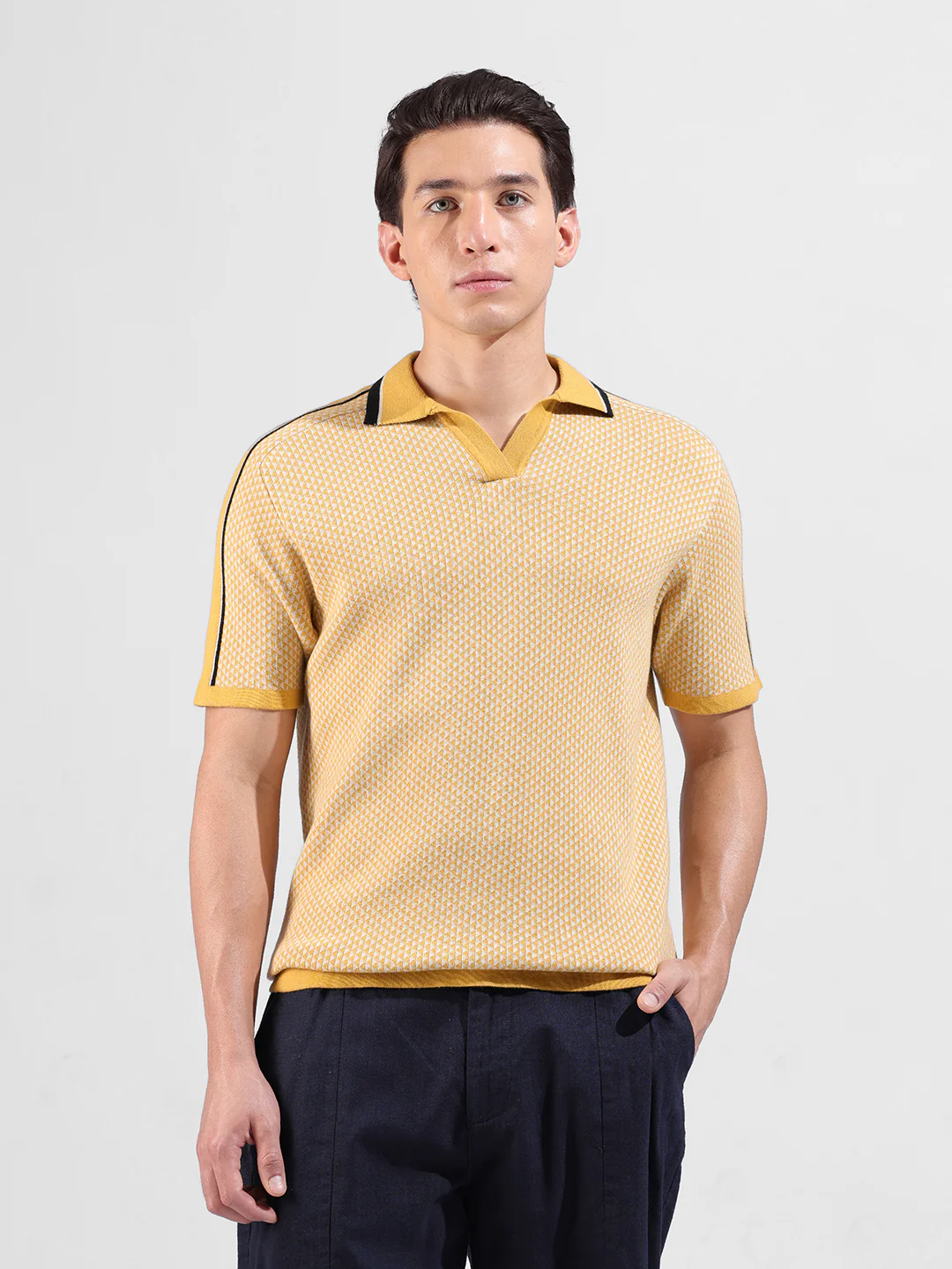 Men's Yellow Slim Fit Striped Flat Knit Polo Neck T-Shirt - Image 4