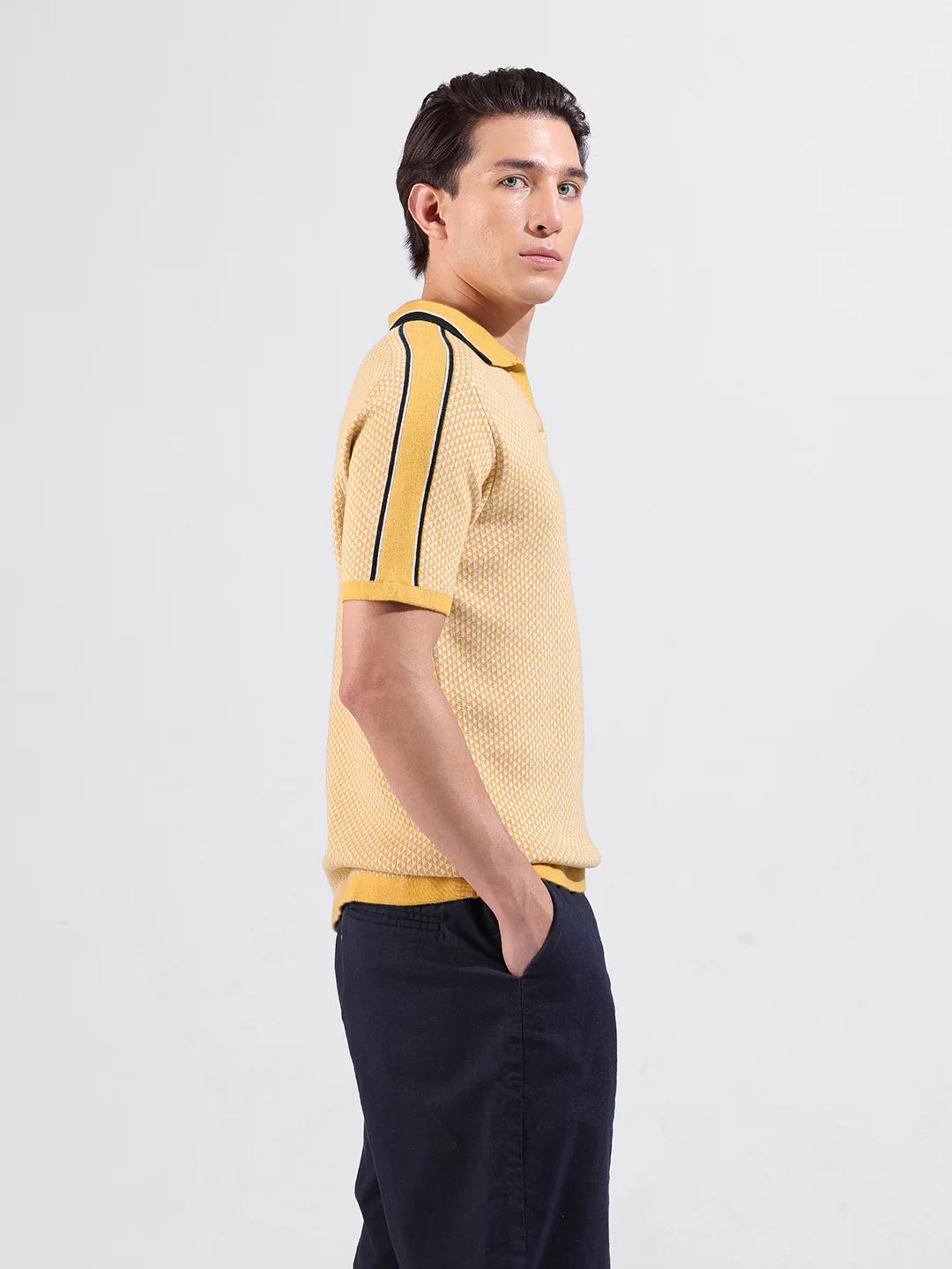 Men's Yellow Slim Fit Striped Flat Knit Polo Neck T-Shirt - Image 5