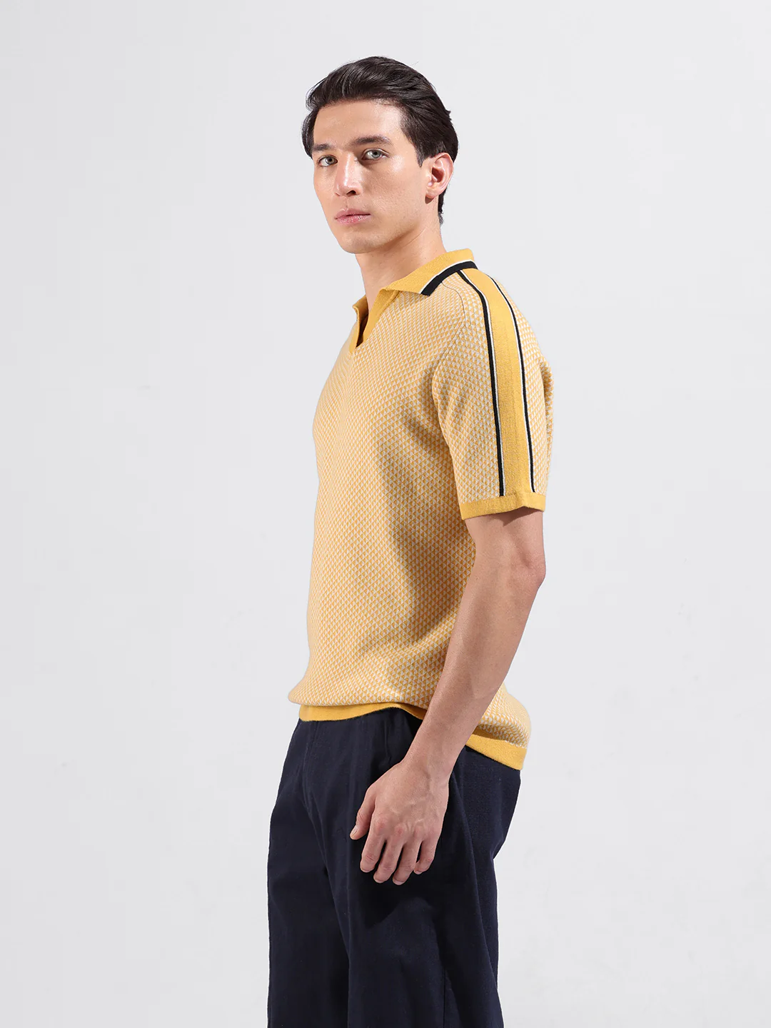 Men's Yellow Slim Fit Striped Flat Knit Polo Neck T-Shirt - Image 6