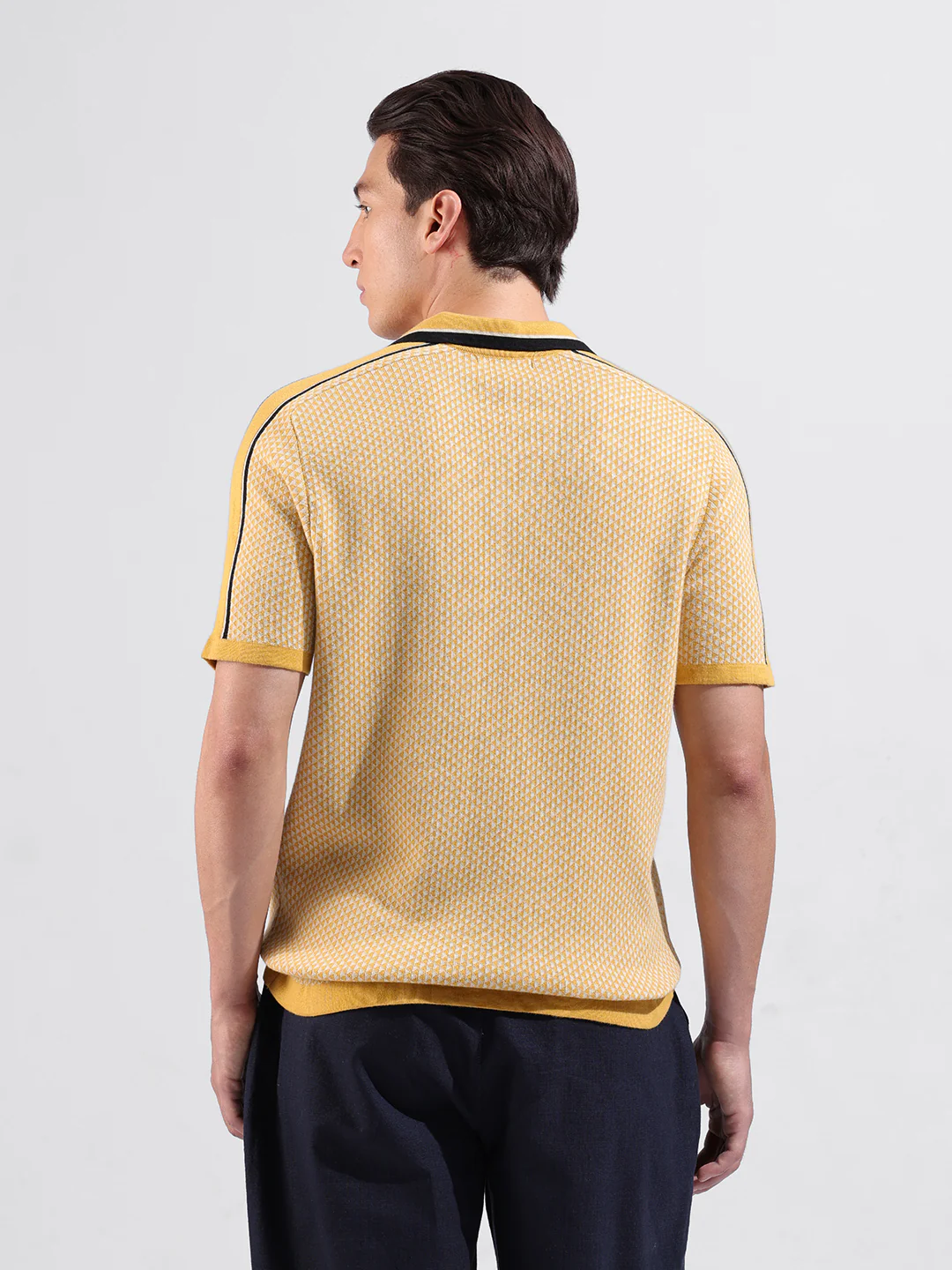 Men's Yellow Slim Fit Striped Flat Knit Polo Neck T-Shirt - Image 7