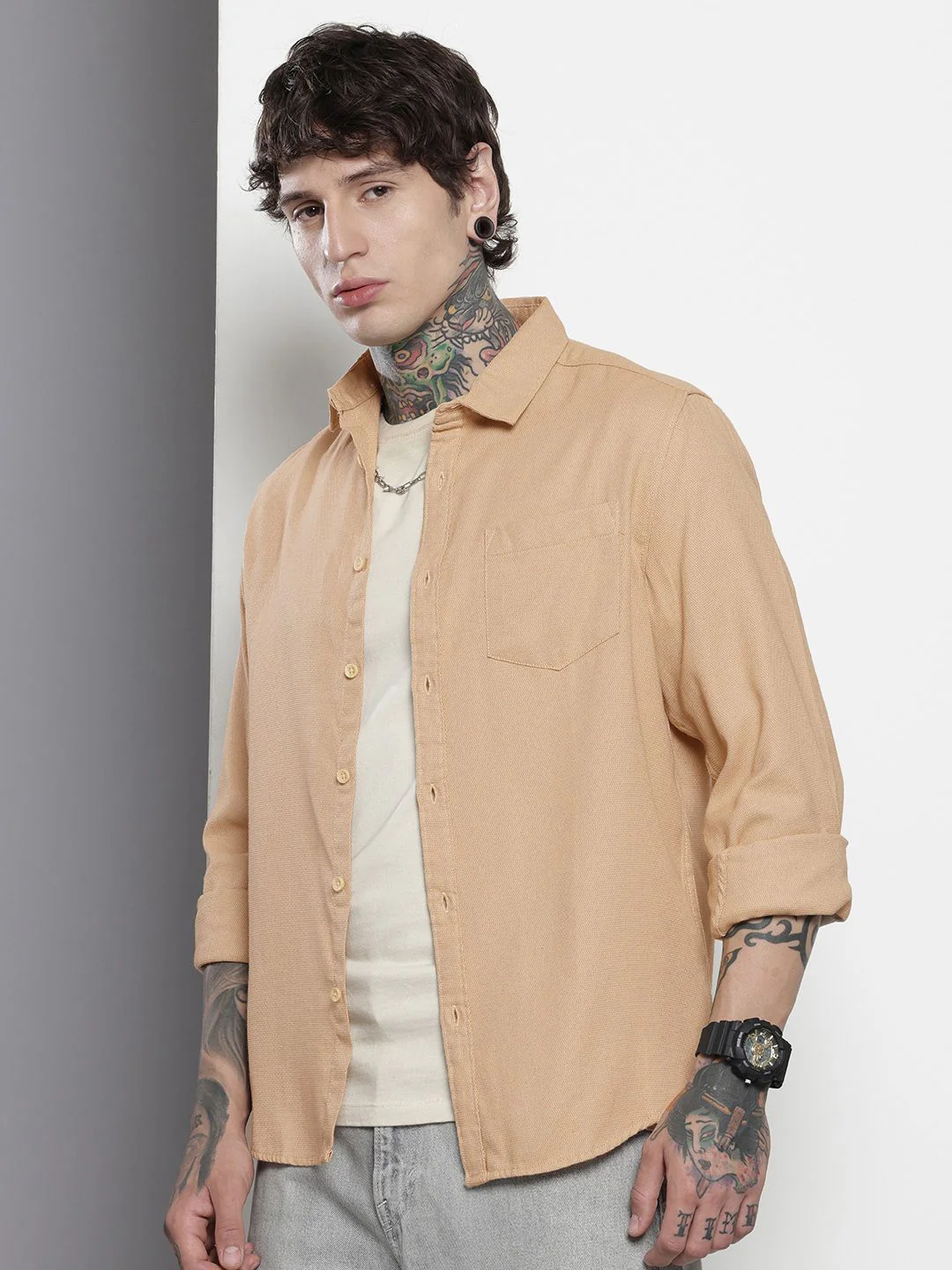 Men's Oat Milk Regular Fit Solid Textured Shirt - Image 2