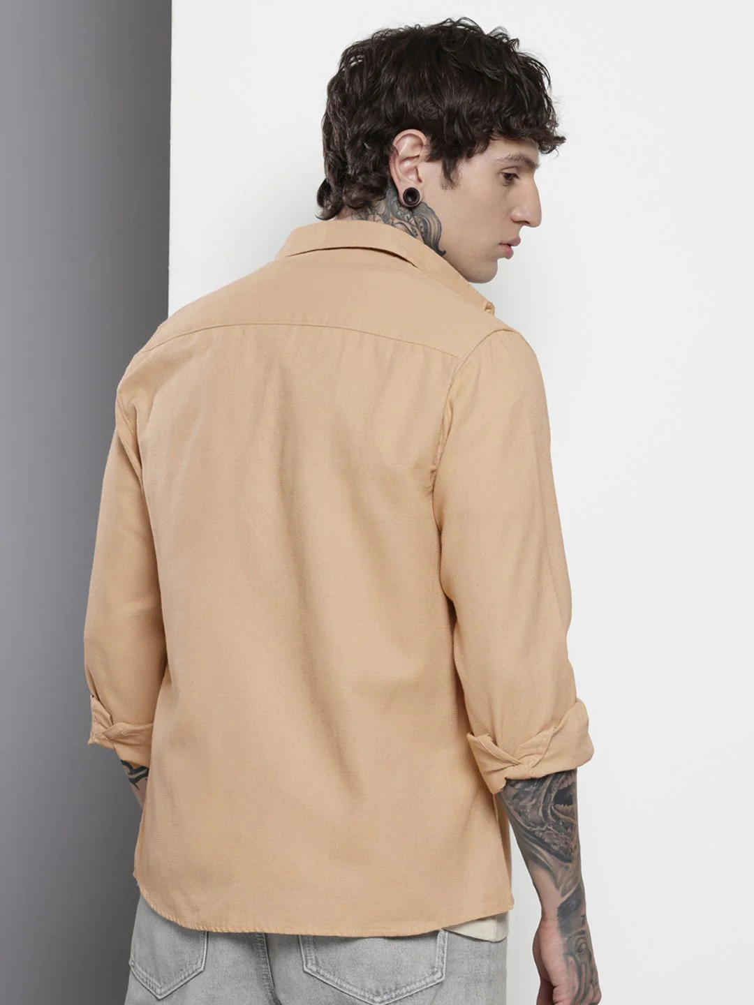 Men's Oat Milk Regular Fit Solid Textured Shirt - Image 3