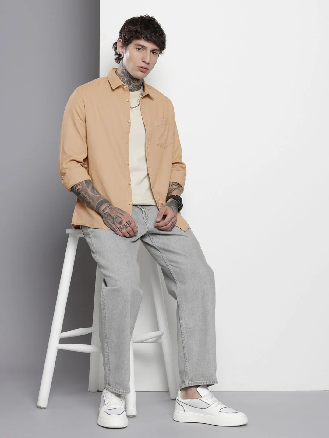 Men's Oat Milk Regular Fit Solid Textured Shirt - Image 4