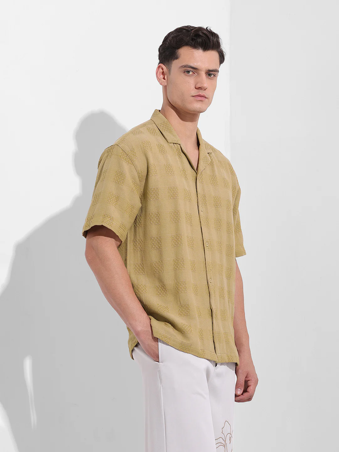 Men's Khaki Relaxed Fit Textured Resort Shirt - Image 3