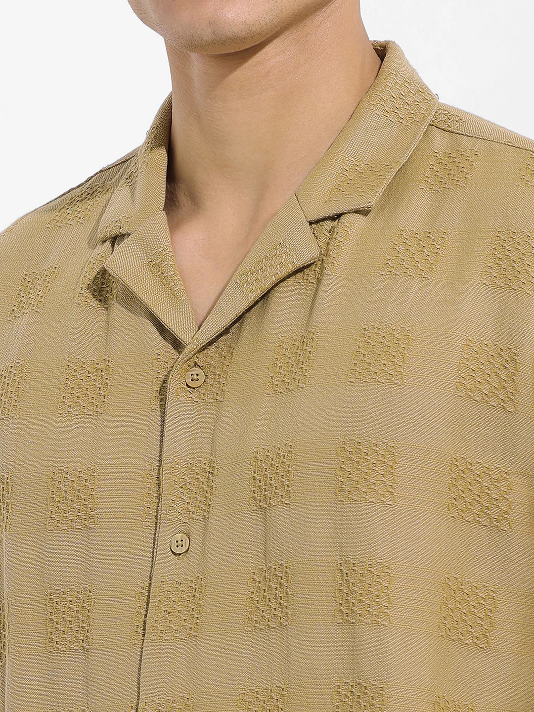 Men's Khaki Relaxed Fit Textured Resort Shirt - Image 6