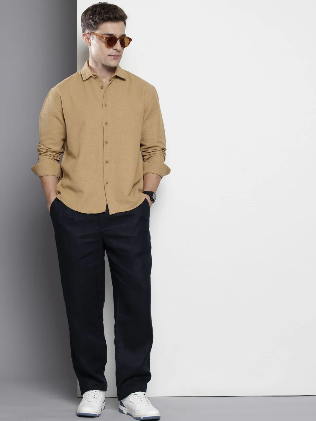 Men's Khaki Relaxed Fit Solid Resort Wear Shirt - Image 3