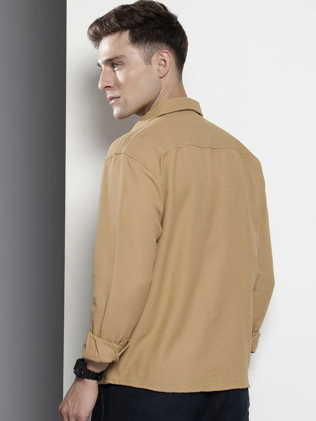 Men's Khaki Relaxed Fit Solid Resort Wear Shirt - Image 4