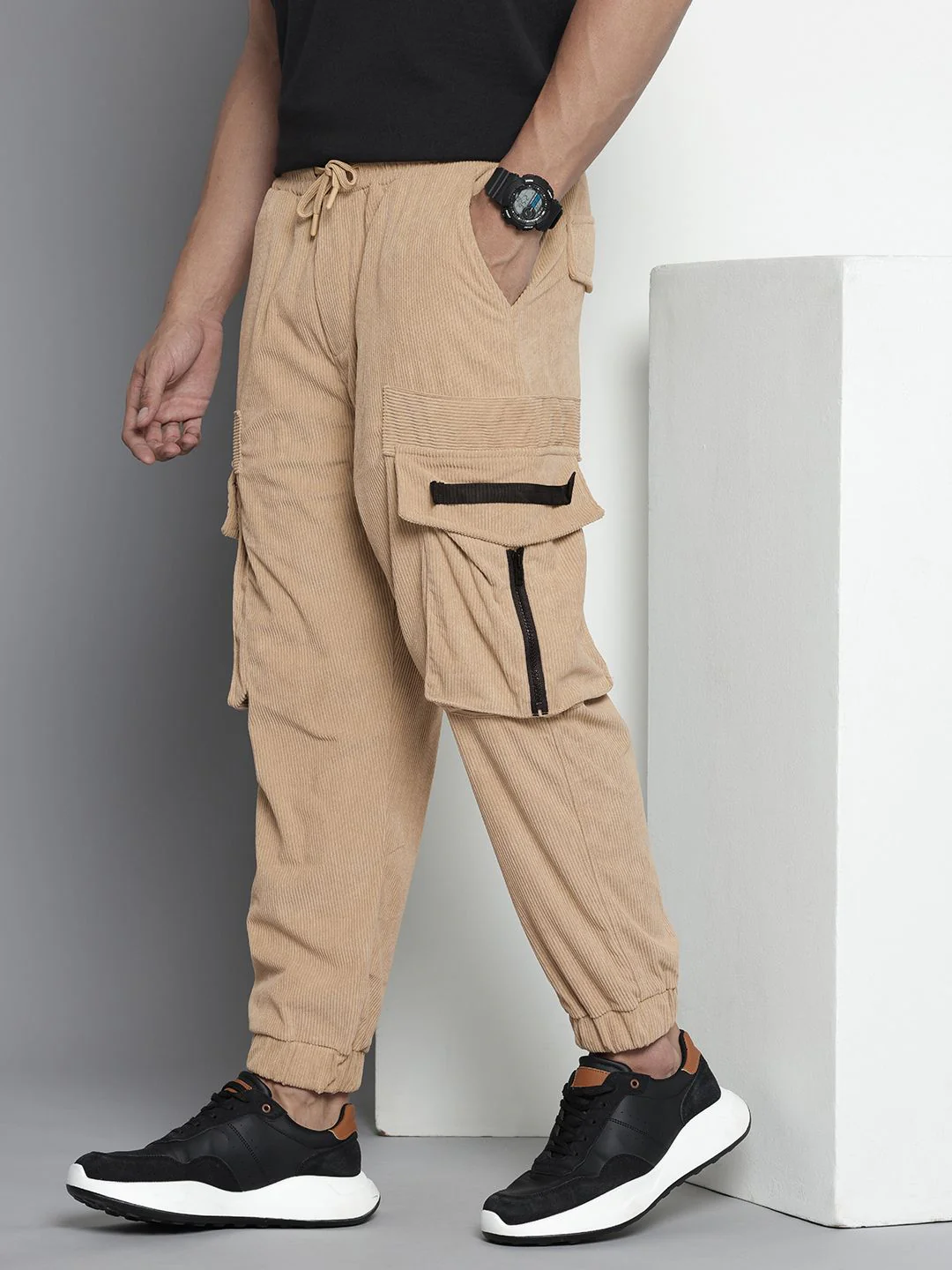 Men's Light Khaki Loose Fit Textured Utility Jogger - Image 2