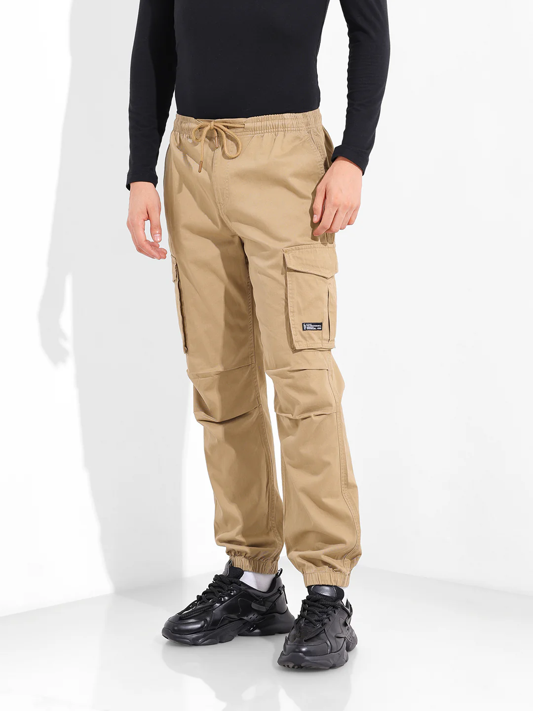 Men's Khaki Relaxed Fit Solid Utility Cargo - Image 2