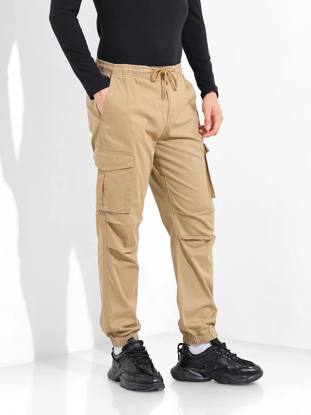 Men's Khaki Relaxed Fit Solid Utility Cargo - Image 3