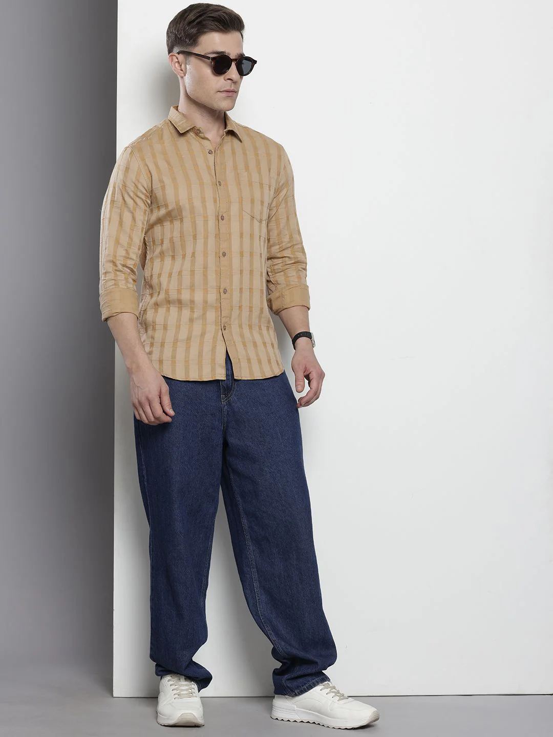 Men's Khaki Slim Fit Checkered Casual Shirt - Image 3