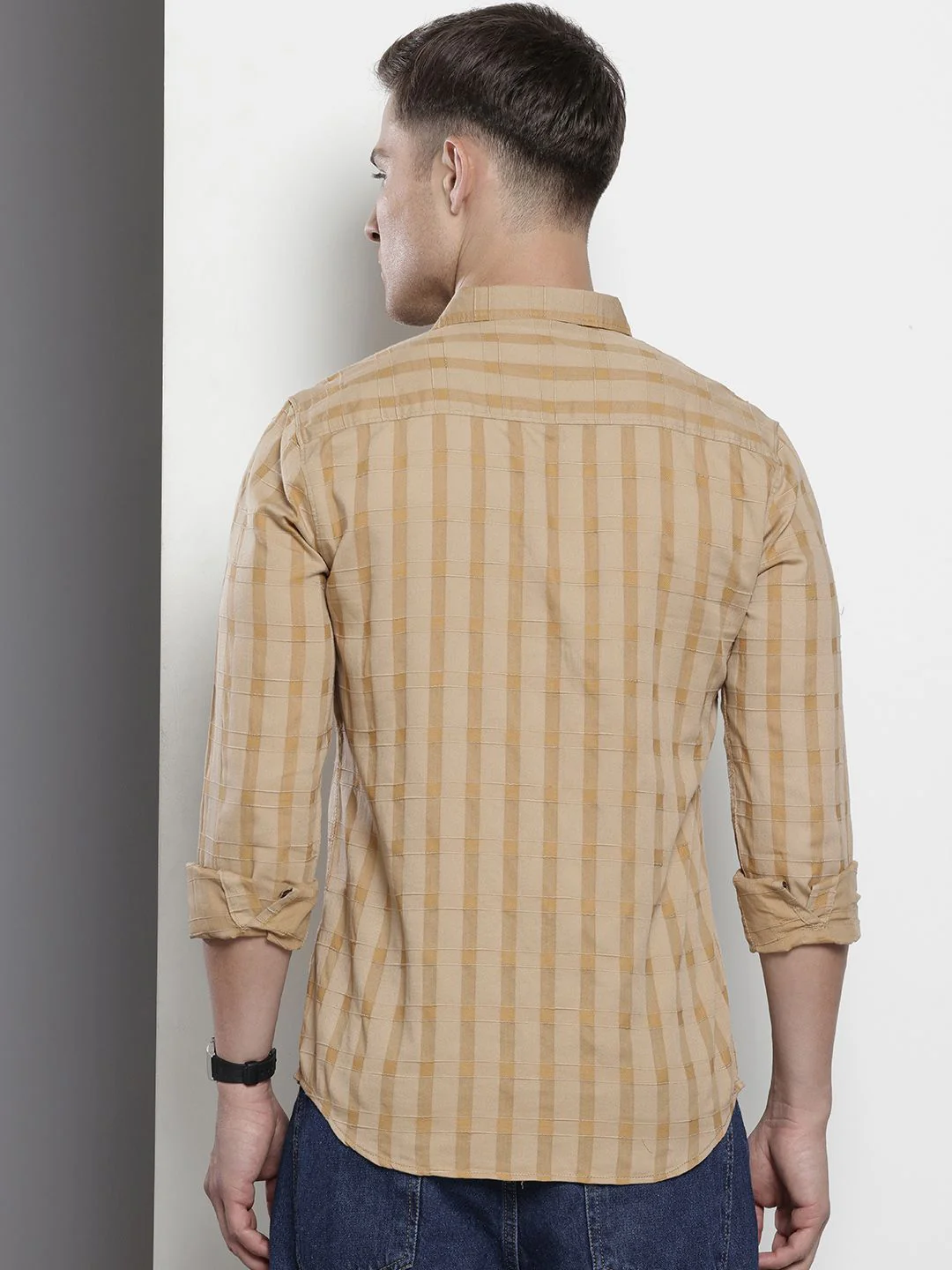Men's Khaki Slim Fit Checkered Casual Shirt - Image 4