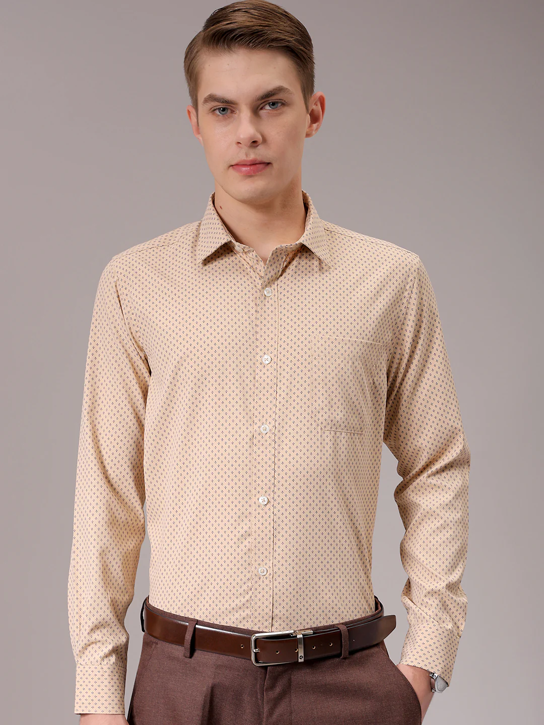 Men's Khaki Slim Fit Ditsy Formal Shirt - Image 3
