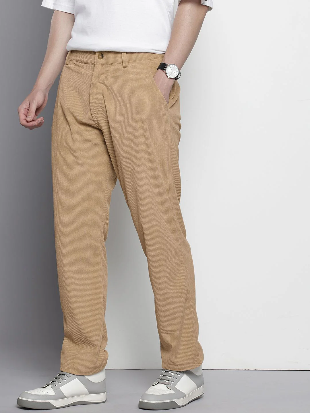 Men's Light Khaki Regular Fit Textured Casual Trouser - Image 3