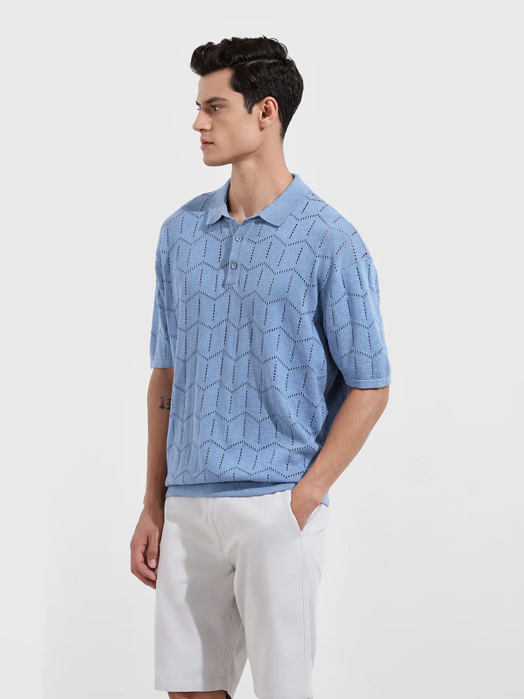 Men's Lavender Oversized Fit Textured Flat Knit T-Shirt - Image 3