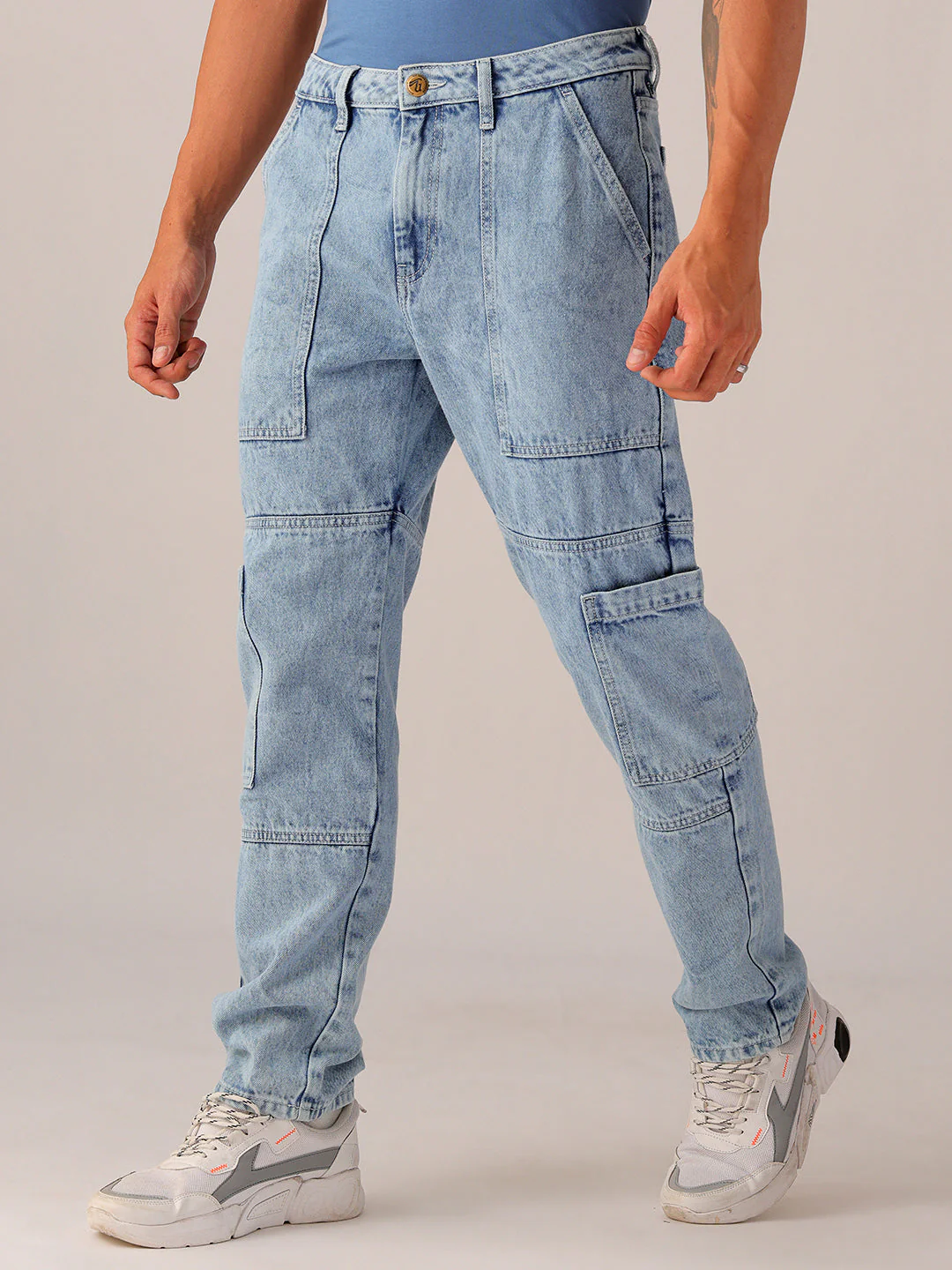 Men's Light Blue Dad Fit Solid Utility Jeans - Image 4