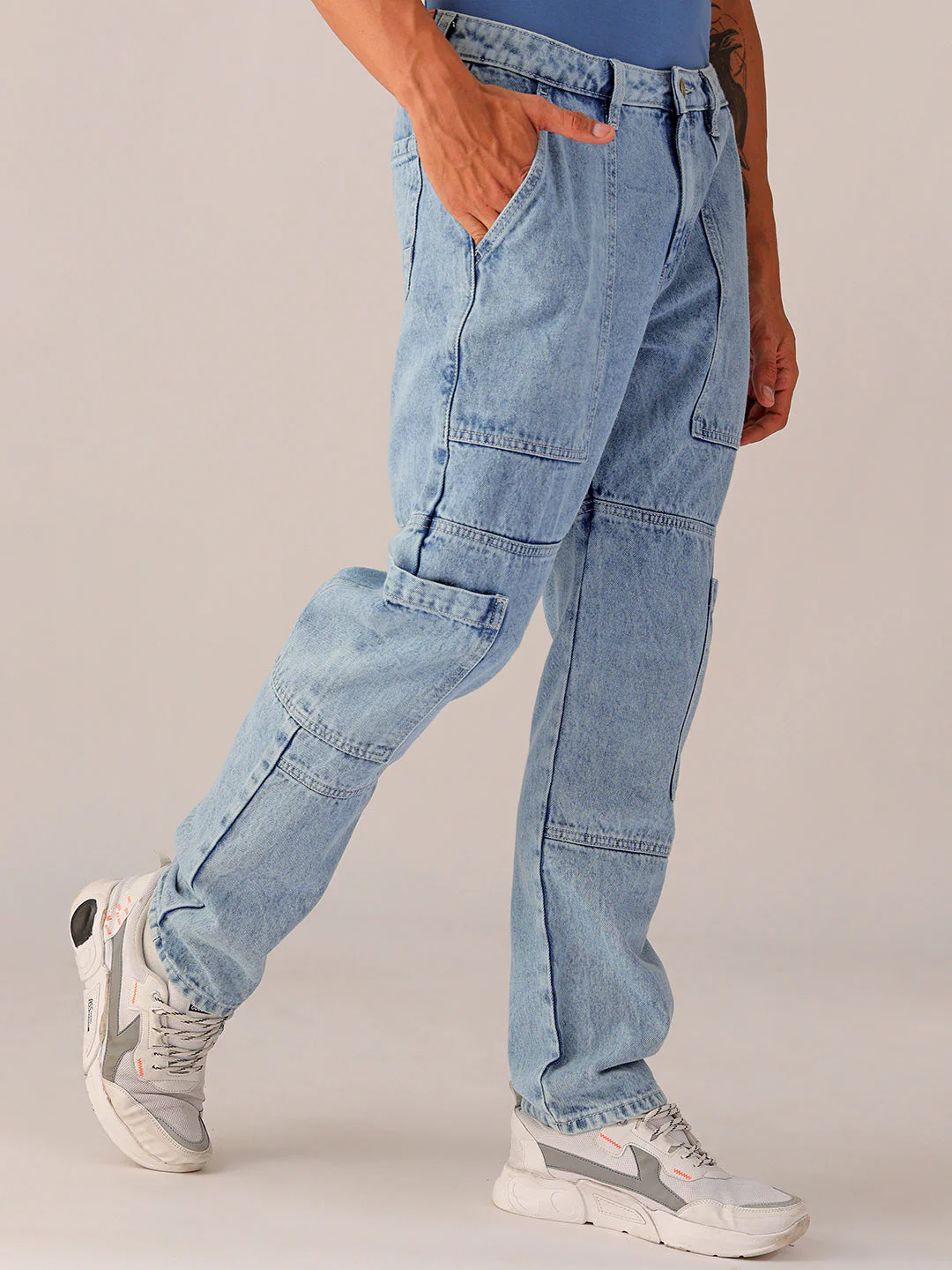 Men's Light Blue Dad Fit Solid Utility Jeans - Image 5