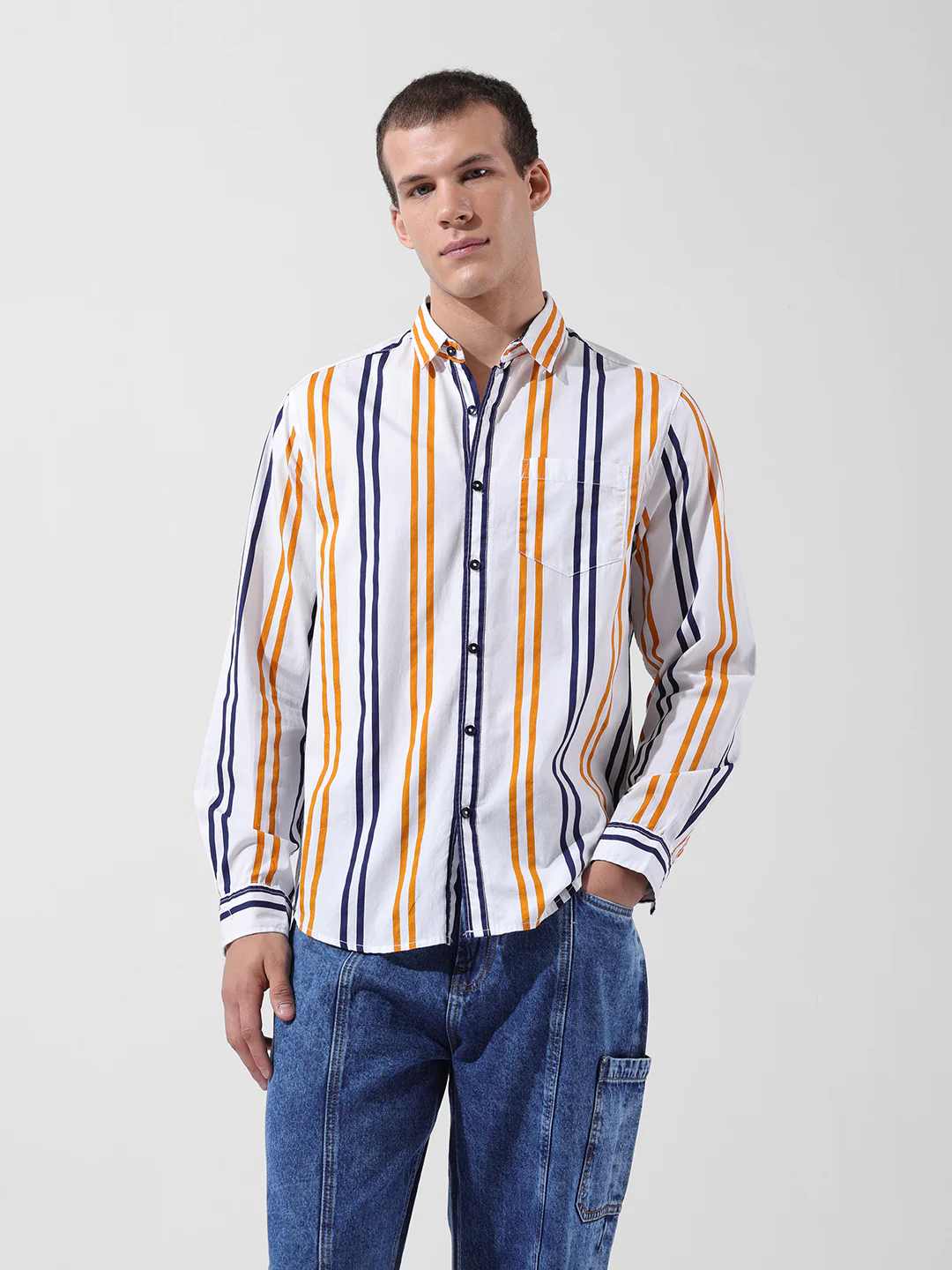 Men's White Slim Fit Striped Casual Shirt - Image 7