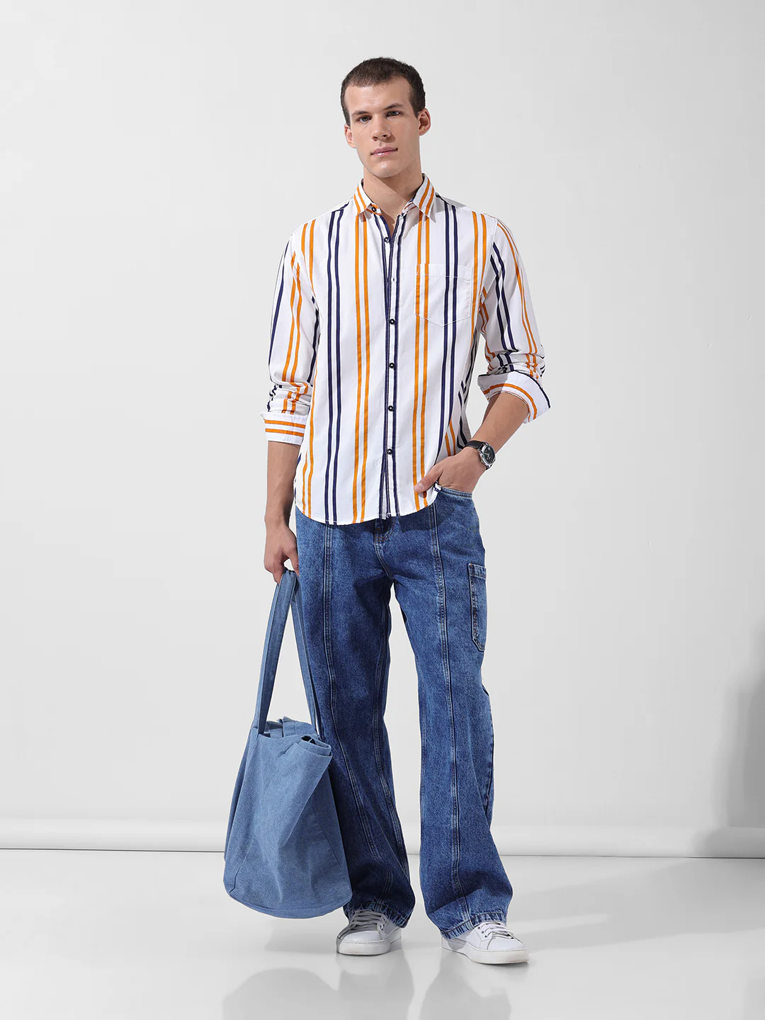 Men's White Slim Fit Striped Casual Shirt - Image 8