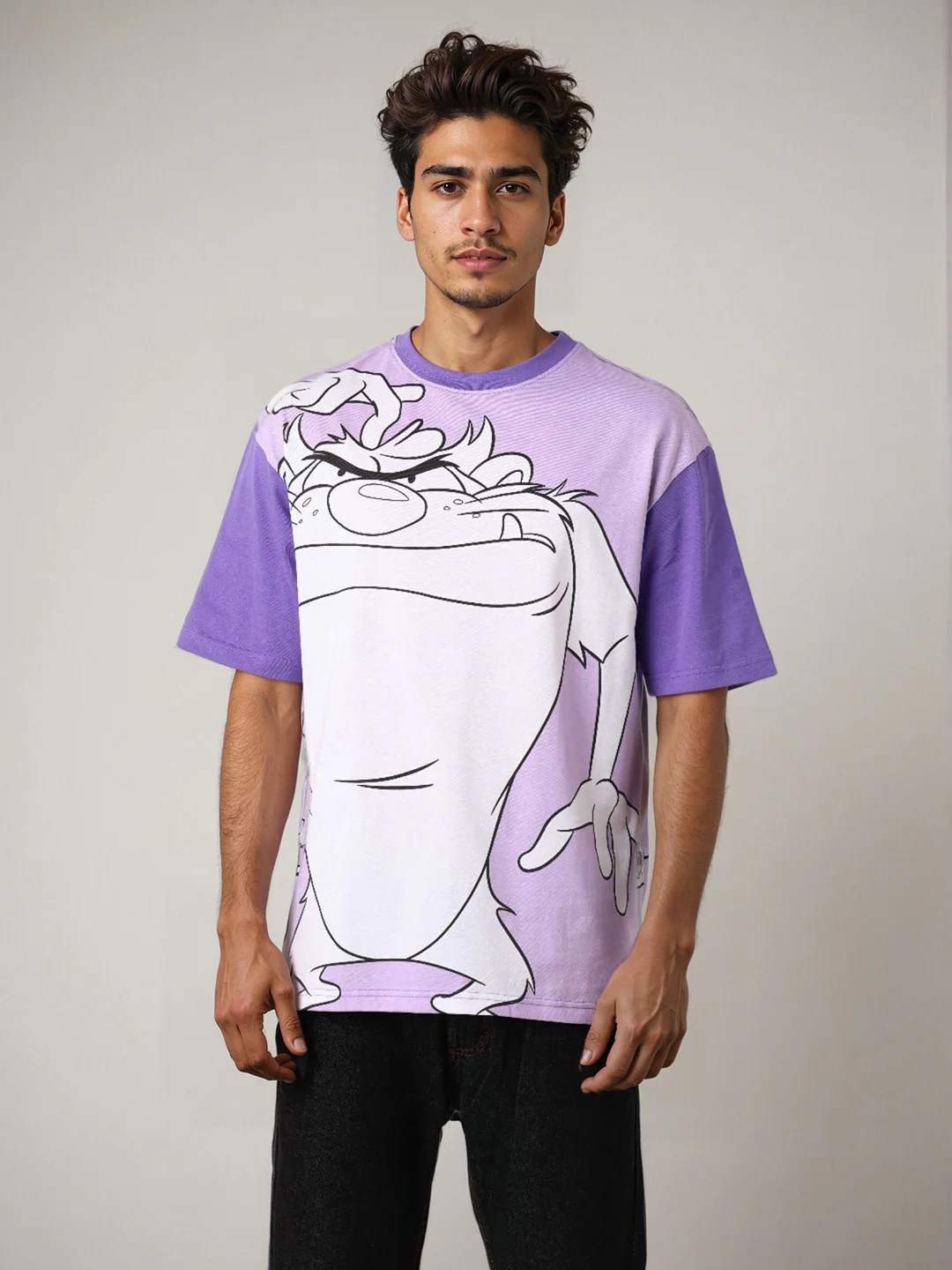 Men's Purple Boxy Fit Character Looney Tunes  Printed Crew Neck T-Shirt - Image 2