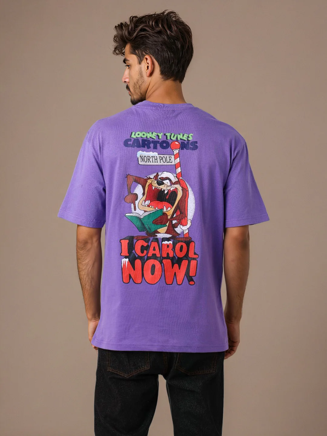 Men's Purple Boxy Fit Character Looney Tunes  Printed Crew Neck T-Shirt - Image 3