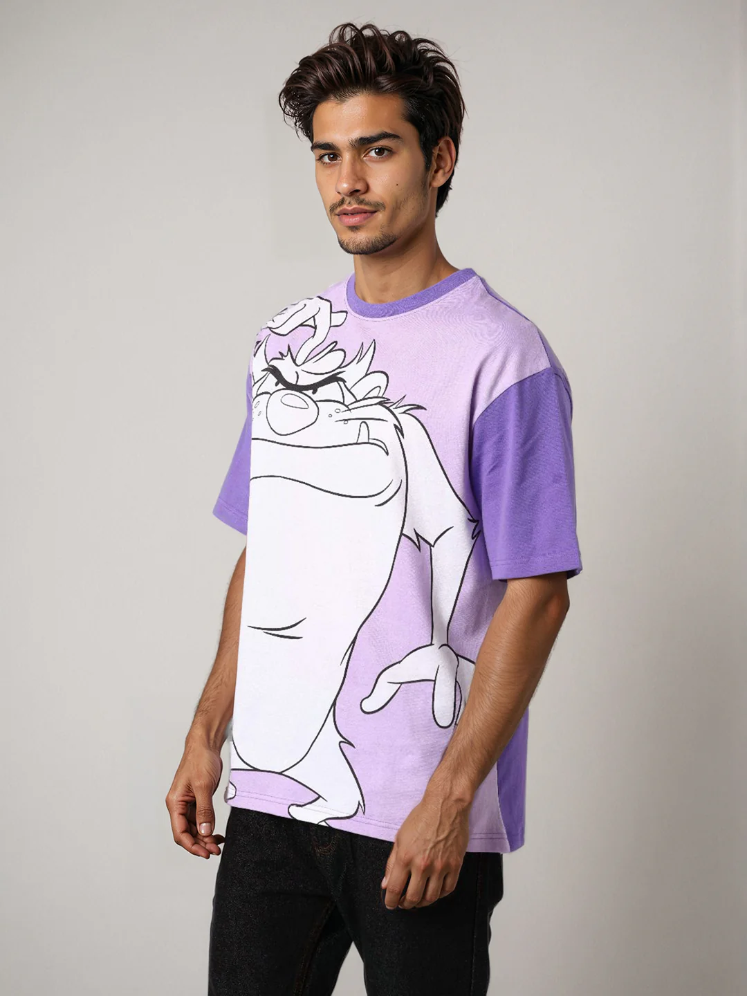 Men's Purple Boxy Fit Character Looney Tunes  Printed Crew Neck T-Shirt - Image 4