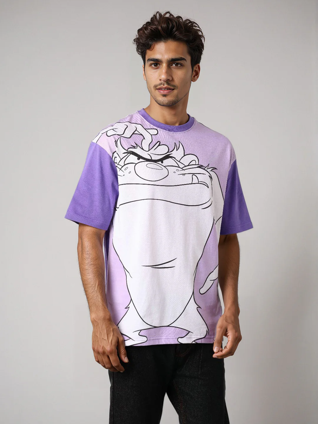 Men's Purple Boxy Fit Character Looney Tunes  Printed Crew Neck T-Shirt - Image 5
