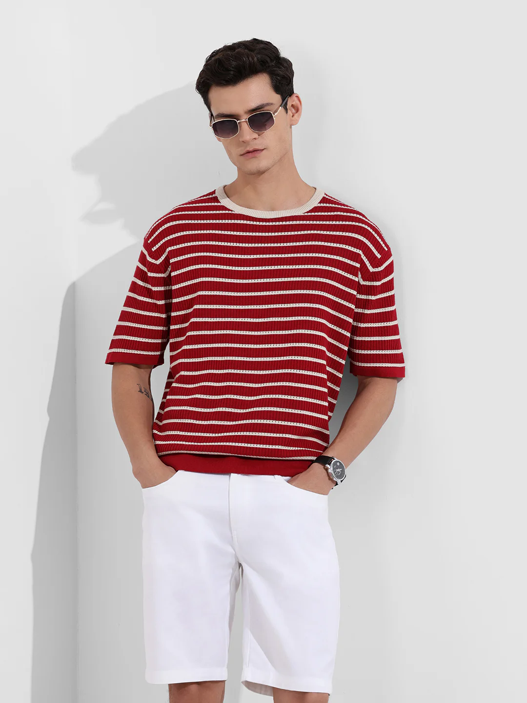 Men's Maroon Oversized Fit Textured Flat Knit T-Shirt - Image 2