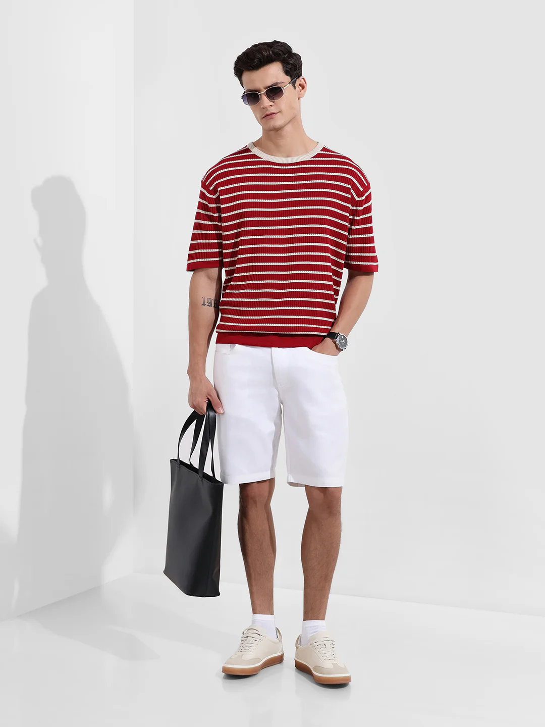 Men's Maroon Oversized Fit Textured Flat Knit T-Shirt - Image 3