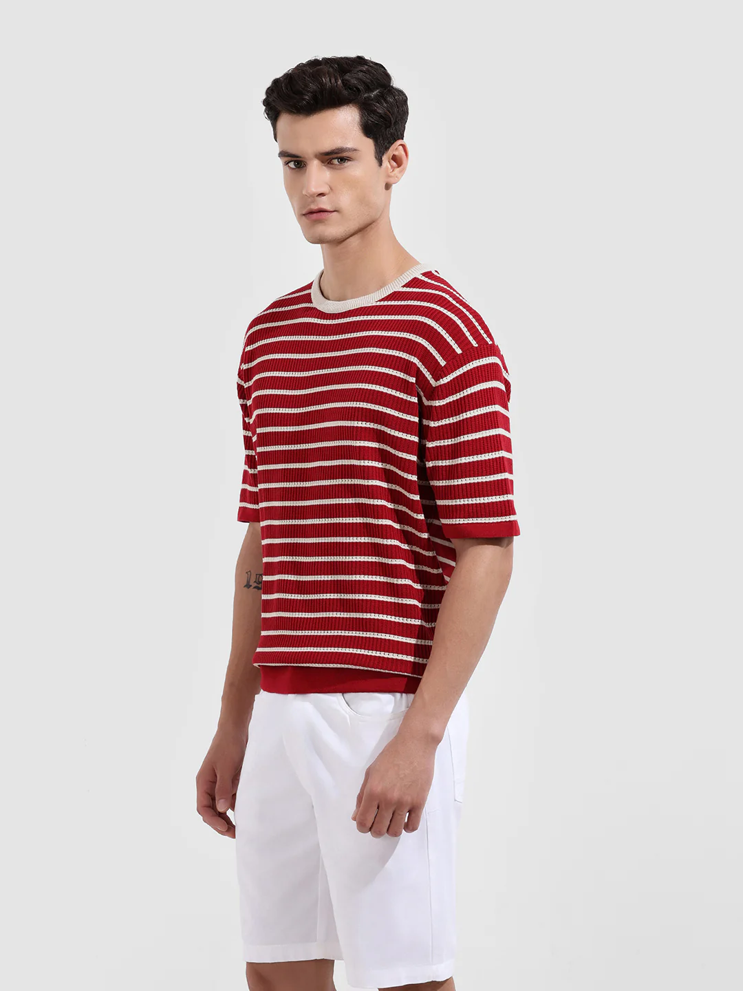 Men's Maroon Oversized Fit Textured Flat Knit T-Shirt - Image 4
