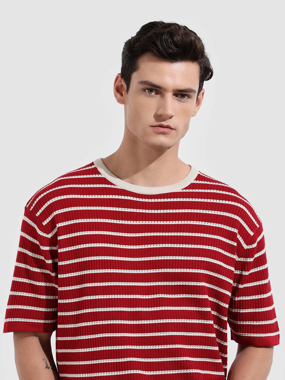 Men's Maroon Oversized Fit Textured Flat Knit T-Shirt - Image 5