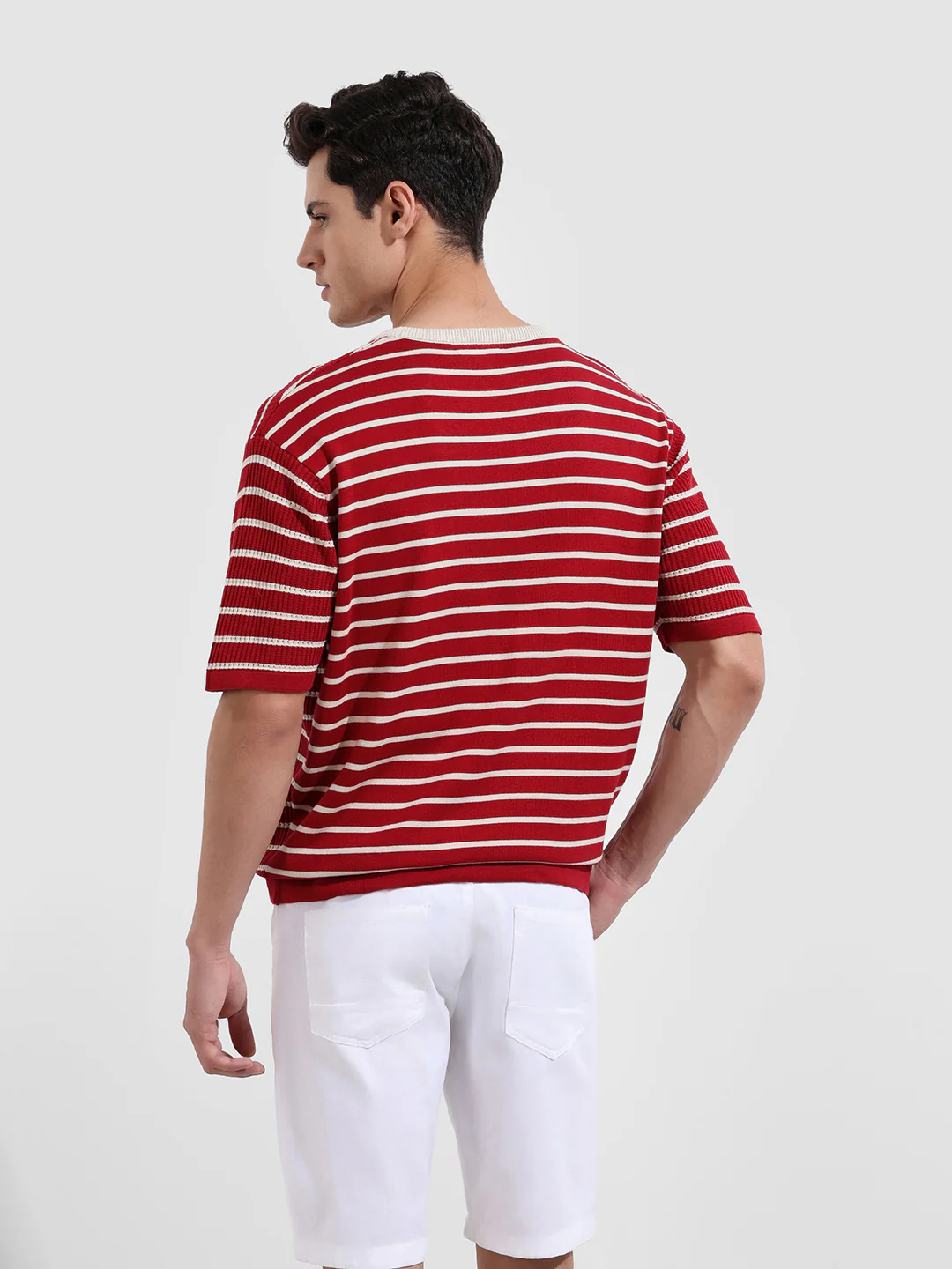 Men's Maroon Oversized Fit Textured Flat Knit T-Shirt - Image 6