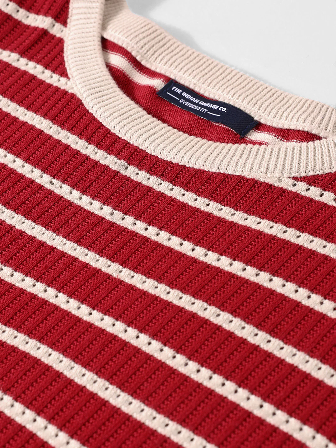 Men's Maroon Oversized Fit Textured Flat Knit T-Shirt - Image 8