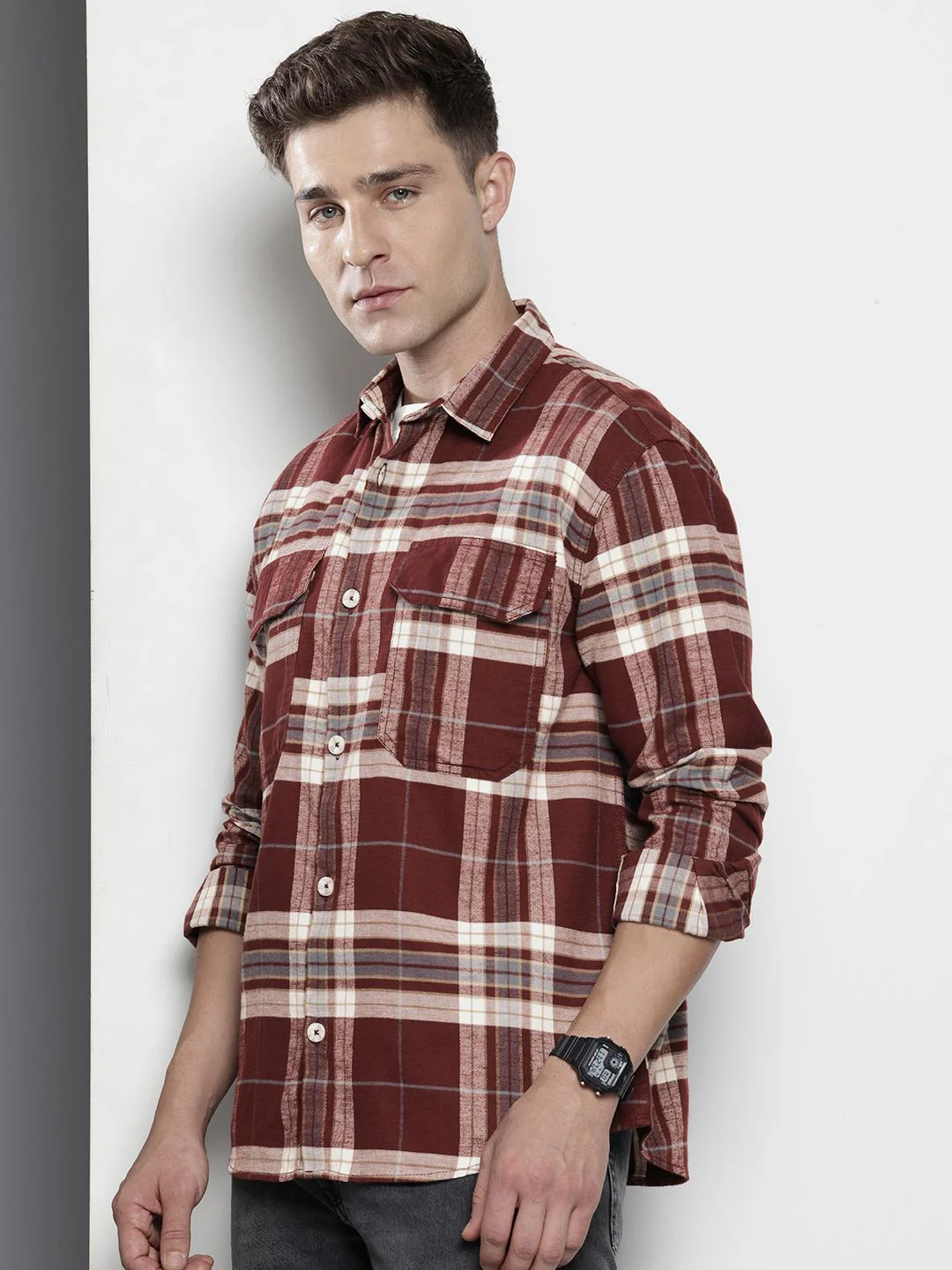 Men's Maroon Regular Fit Checked Casual Shirt - Image 2