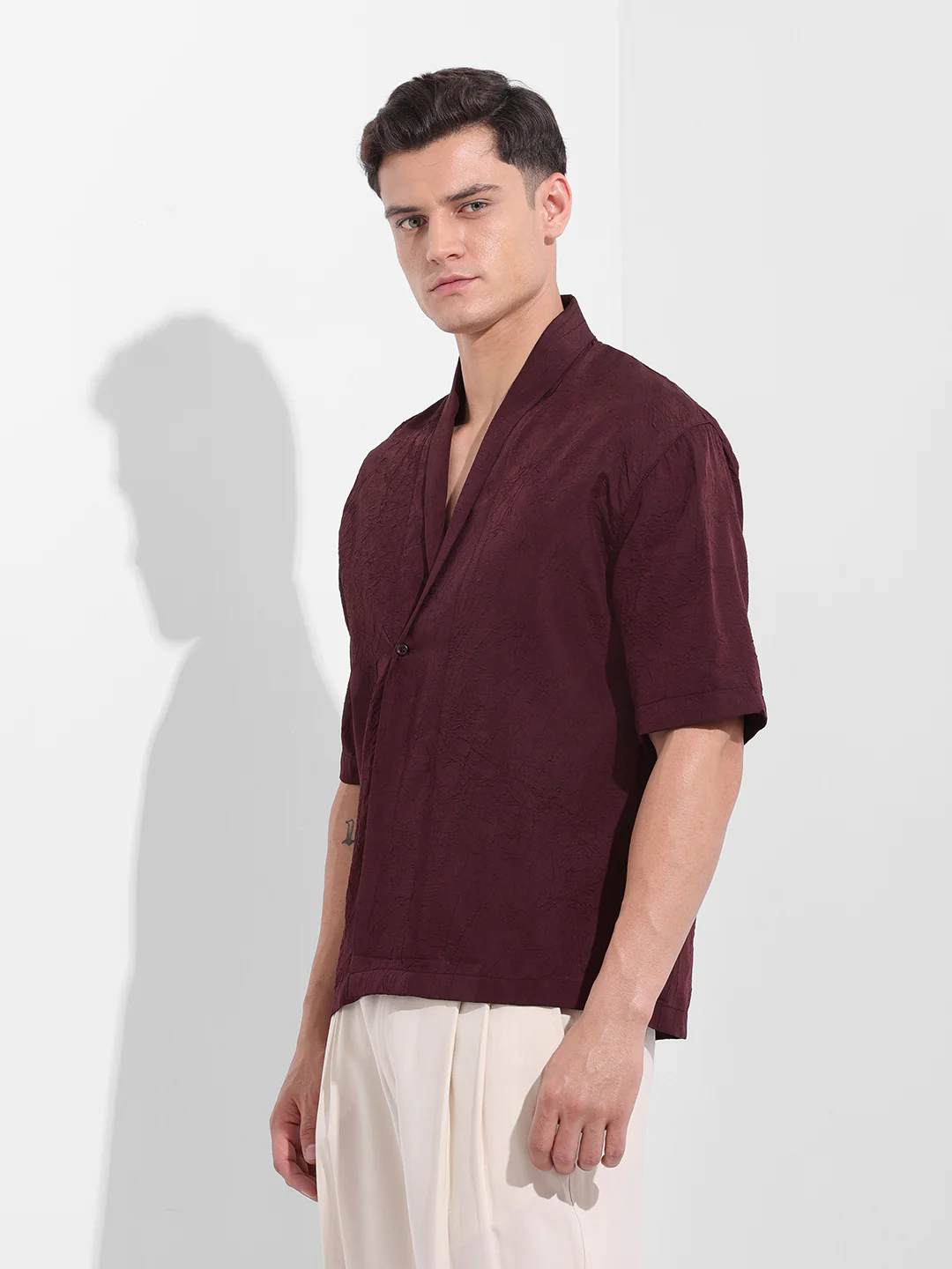 Men's Burgundy Relaxed Fit Textured Party Wear Shirt - Image 2